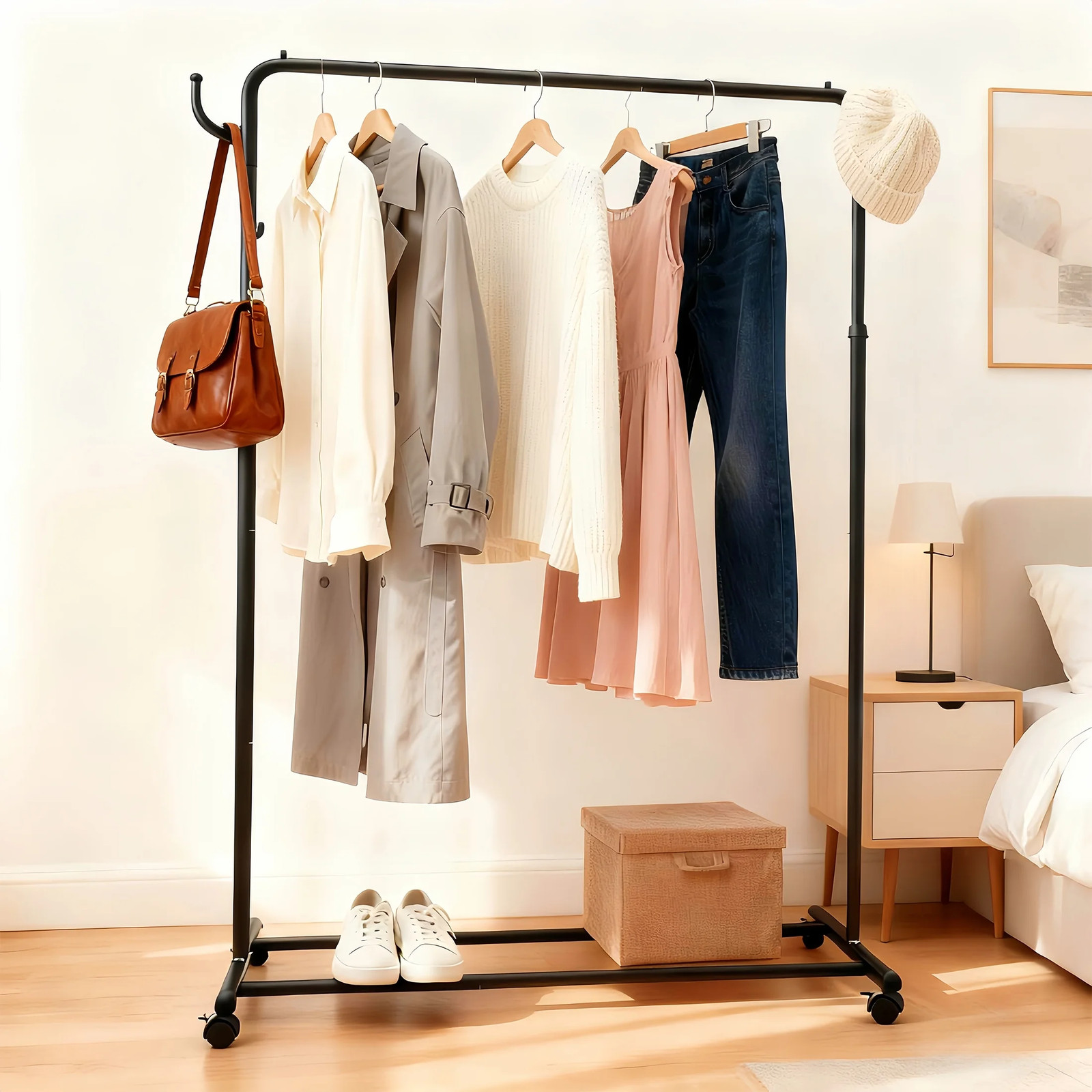 Clothes Rack, Clothing Rack with Wheels, Garment Rack with Storage Shelves, Roll