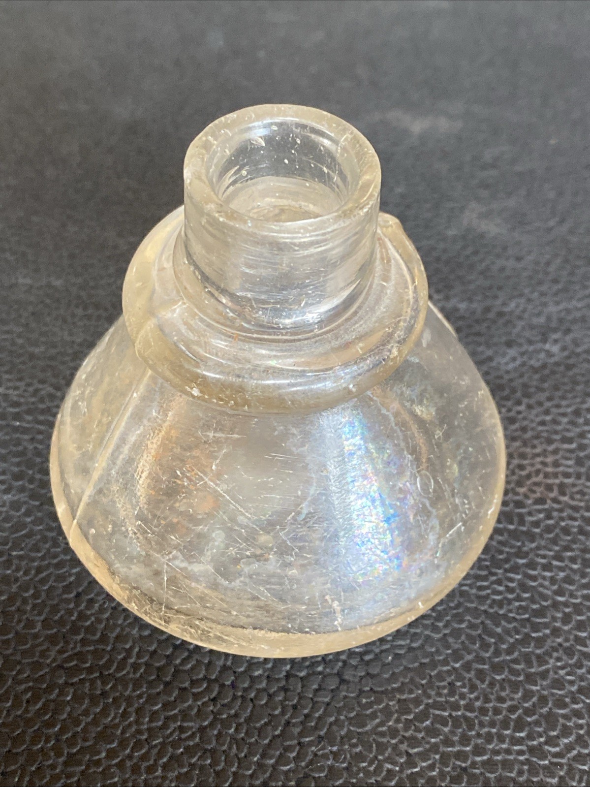 Antique Iridescent Clear Sheered Lip Cone Ring Shoulder 19th C Ink Well Bottle