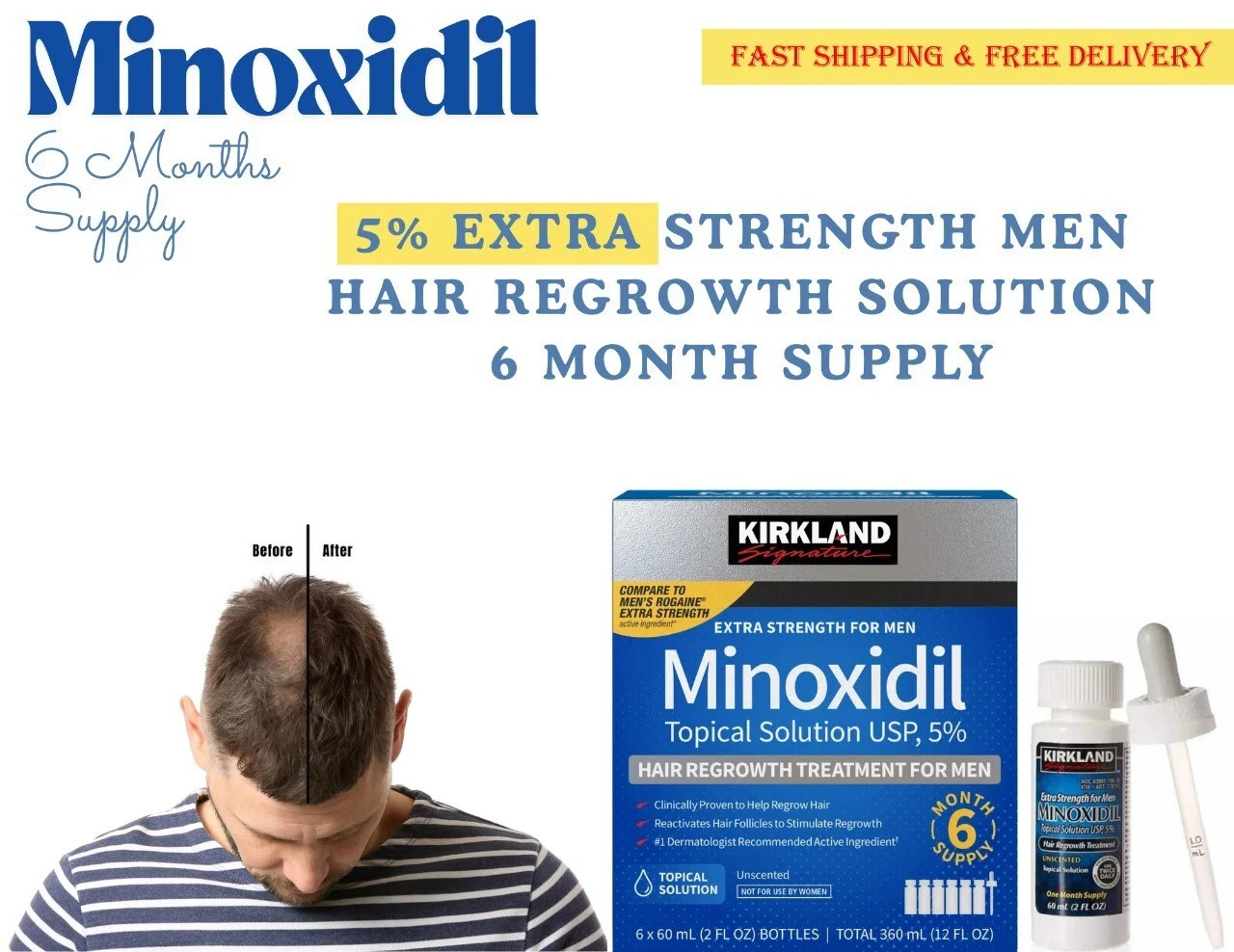 KIRKLAND Minoxidil 5% Extra Strength Men Hair Regrowth Solution 6 Month Supply