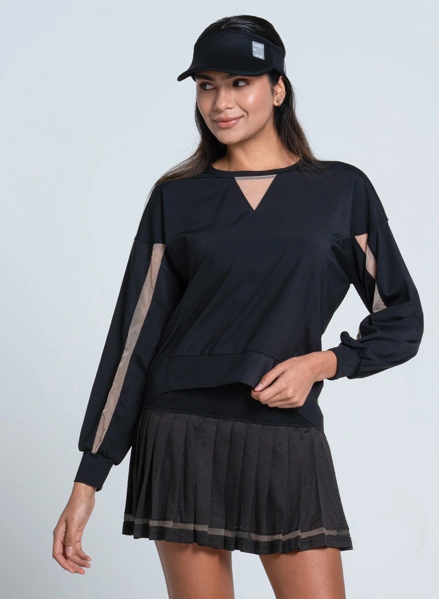 NEW Lucky In Love SMALL Long Sleeve Black Tennis Top Mesh Inserts Drawcord Back