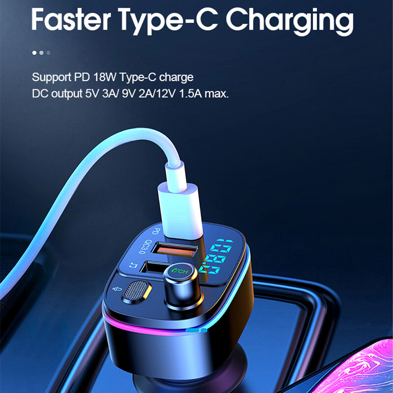 Quick Charger QC3.0 Dual USB Type-C MMC Car FM Transmitter Bluetooth5.0 Wireless