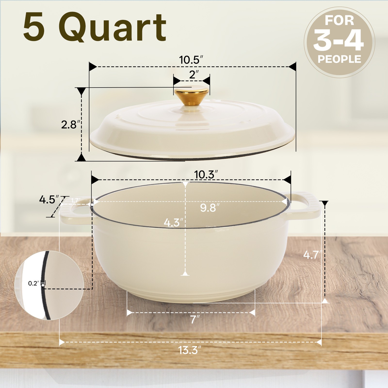 5QT Enameled Cast Iron Dutch Oven, Heavy Duty Dual Enamel Coating FDA Certified