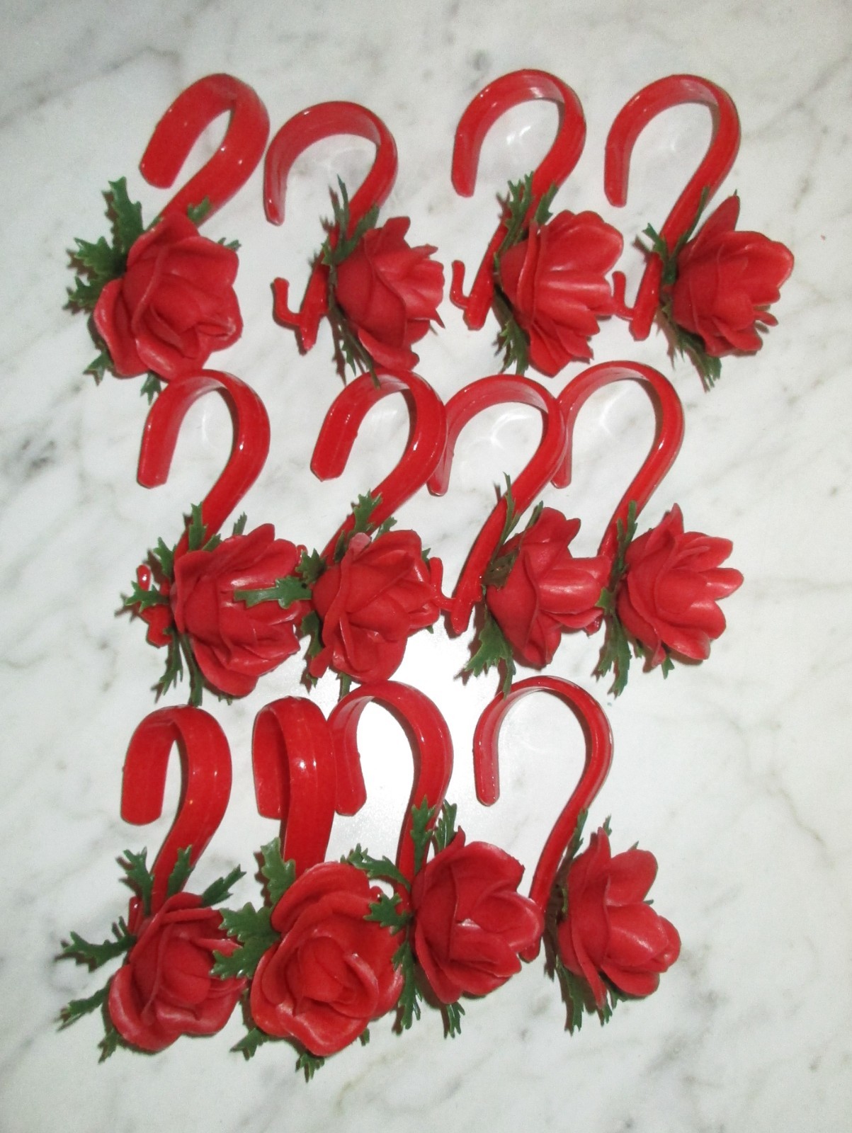 12 Vintage Plastic Shower Curtain Hooks w/ Red Roses