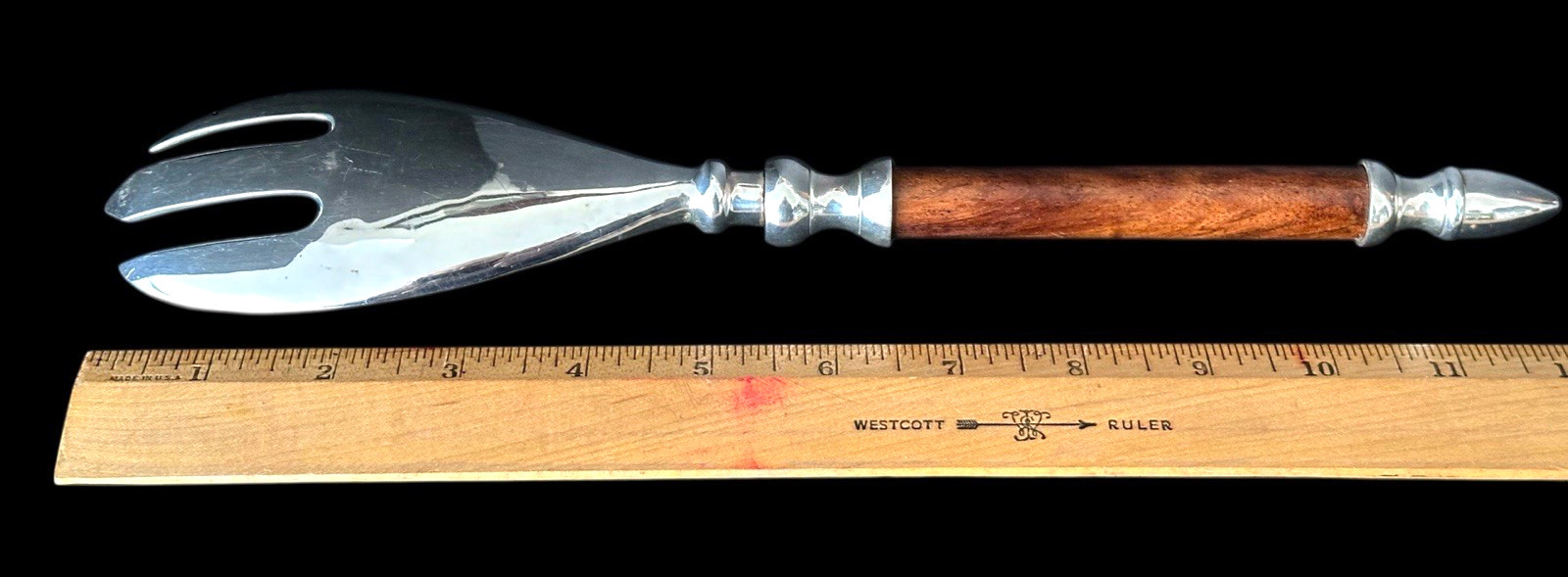 Large Silver-plated Serving Fork with Wooden Handle and Silver Finial Vintage