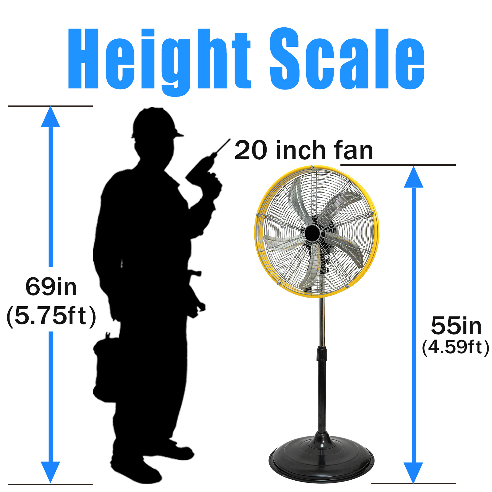 4900 CFM 20" Industrial Pedestal Fan, 3-Speed Oscillating with Drum Head