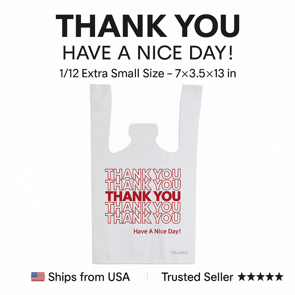 Bags 1/12 Extra Small 7x3.5x13 THANK YOU T-Shirt Plastic Grocery Shopping Bags