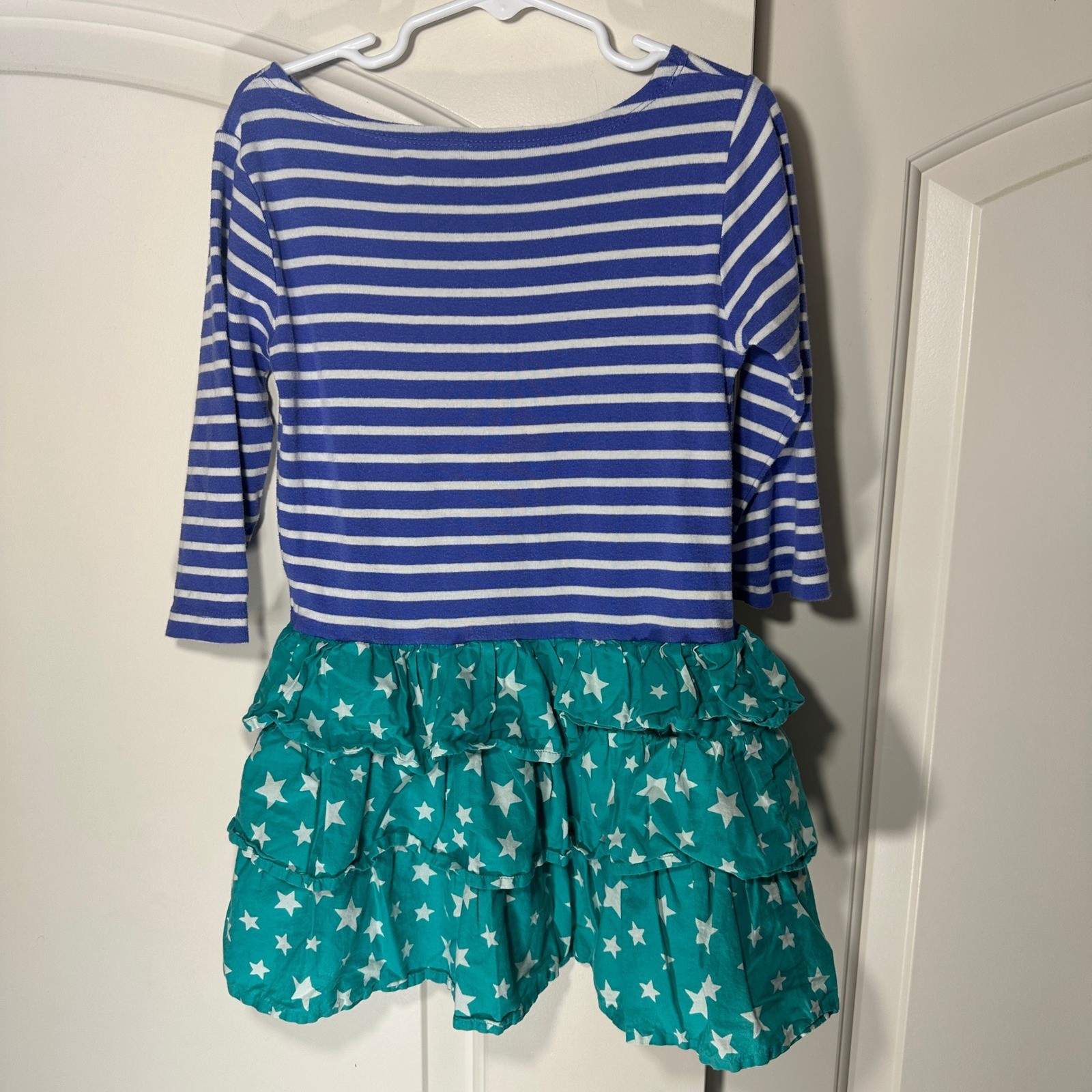 Mini Boden Dress Girls 4-5Y Blue Teal Striped Star Print Ruffle Mixed Media