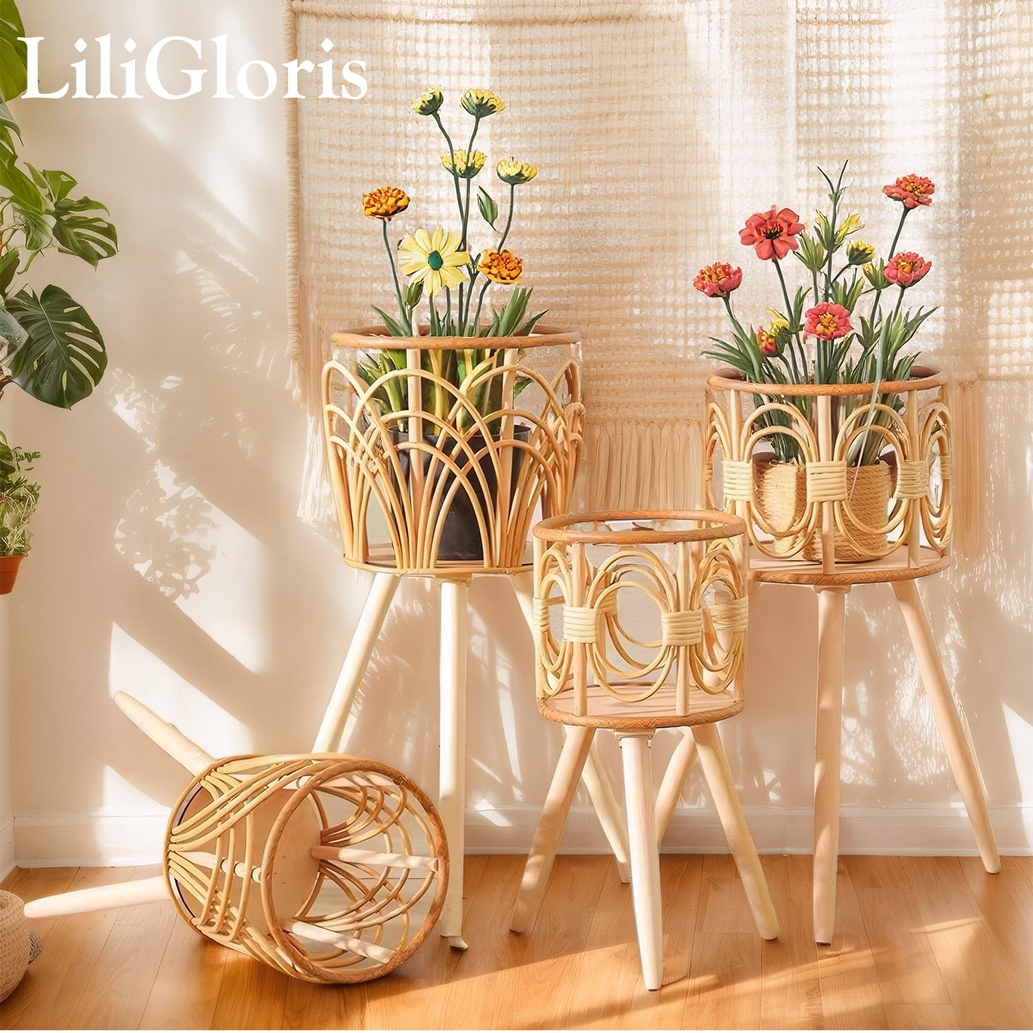 Boho Rattan Plant Stand Indoor Outdoor - 2 Rattan Wicker Planter Shelf for Mu...