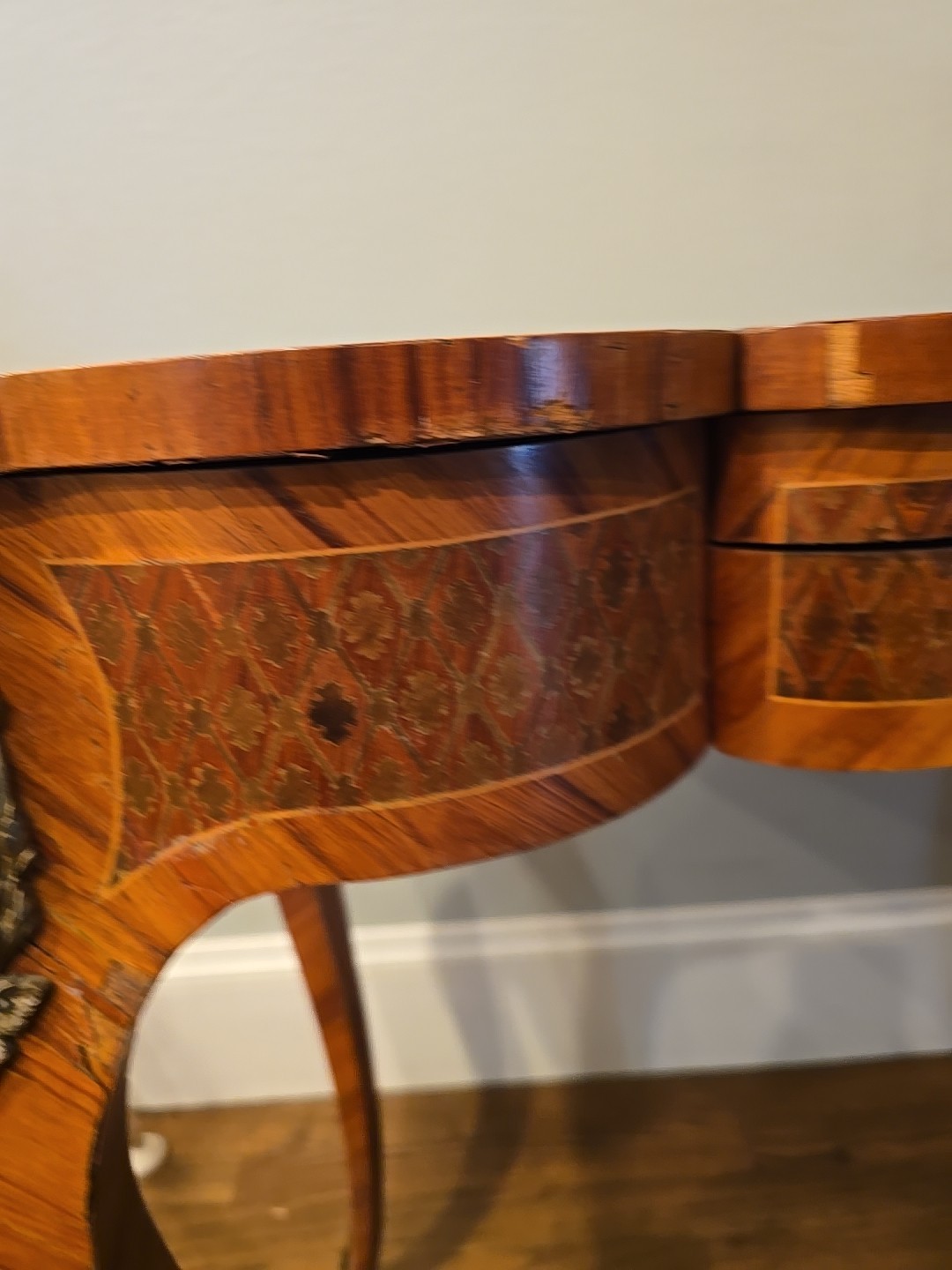 "Antique vanity table from the late 1800s with intricate inlay & a hidden mirror