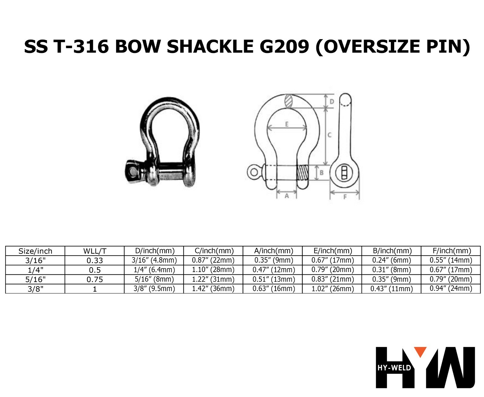 T-316 Stainless Steel Bow Shackle Marine Grade 3/16" to 3/8" Oversized Pin