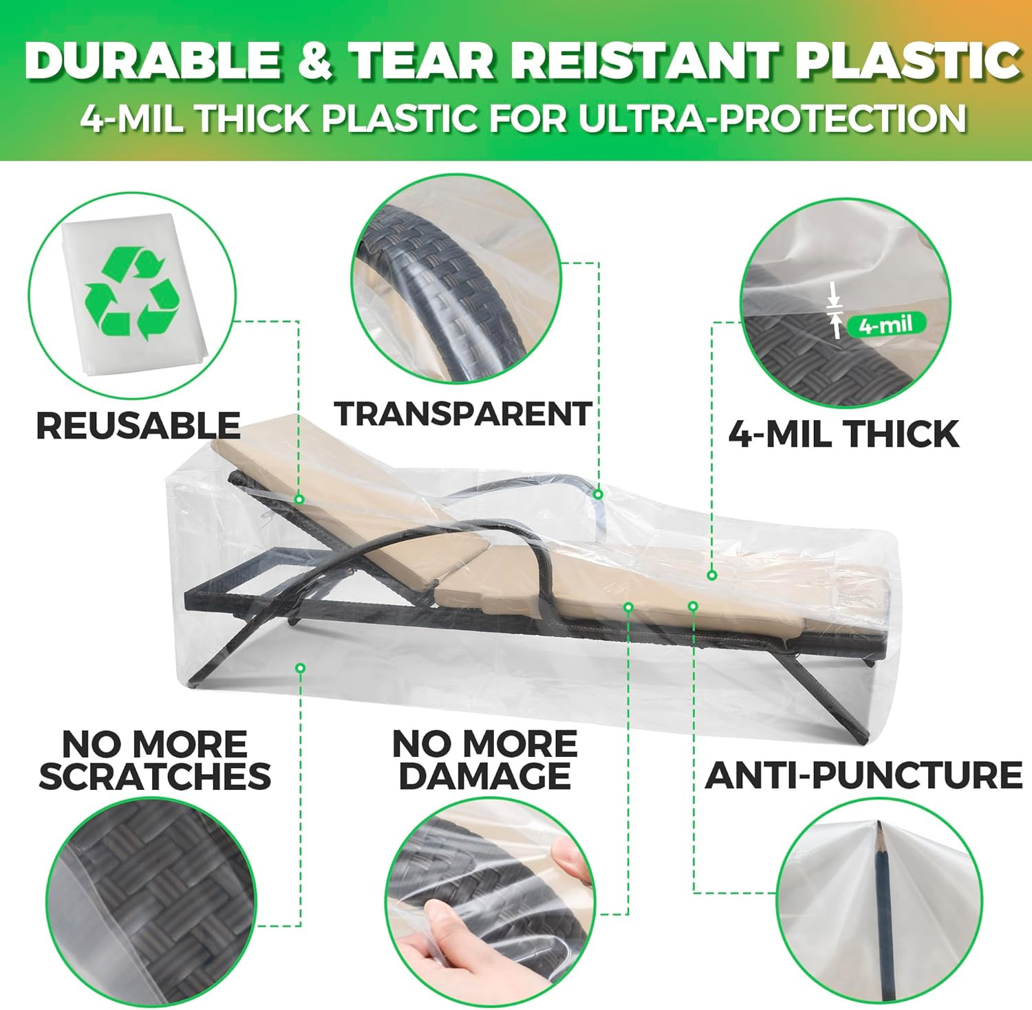 2-Pack Waterproof Outdoor Chaise Lounge Covers for Patio Furniture - Reusable &