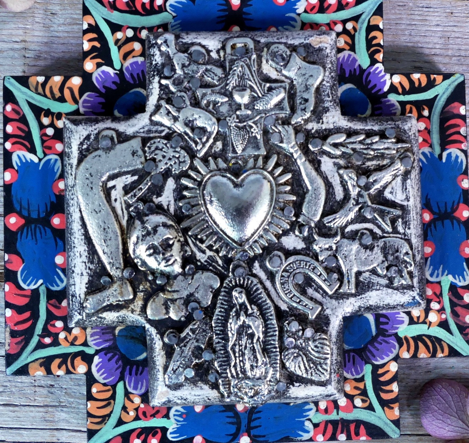 Greek Cross Wood Milagros Hand Painted Floral Boarder Handmade Mexican Folk Art