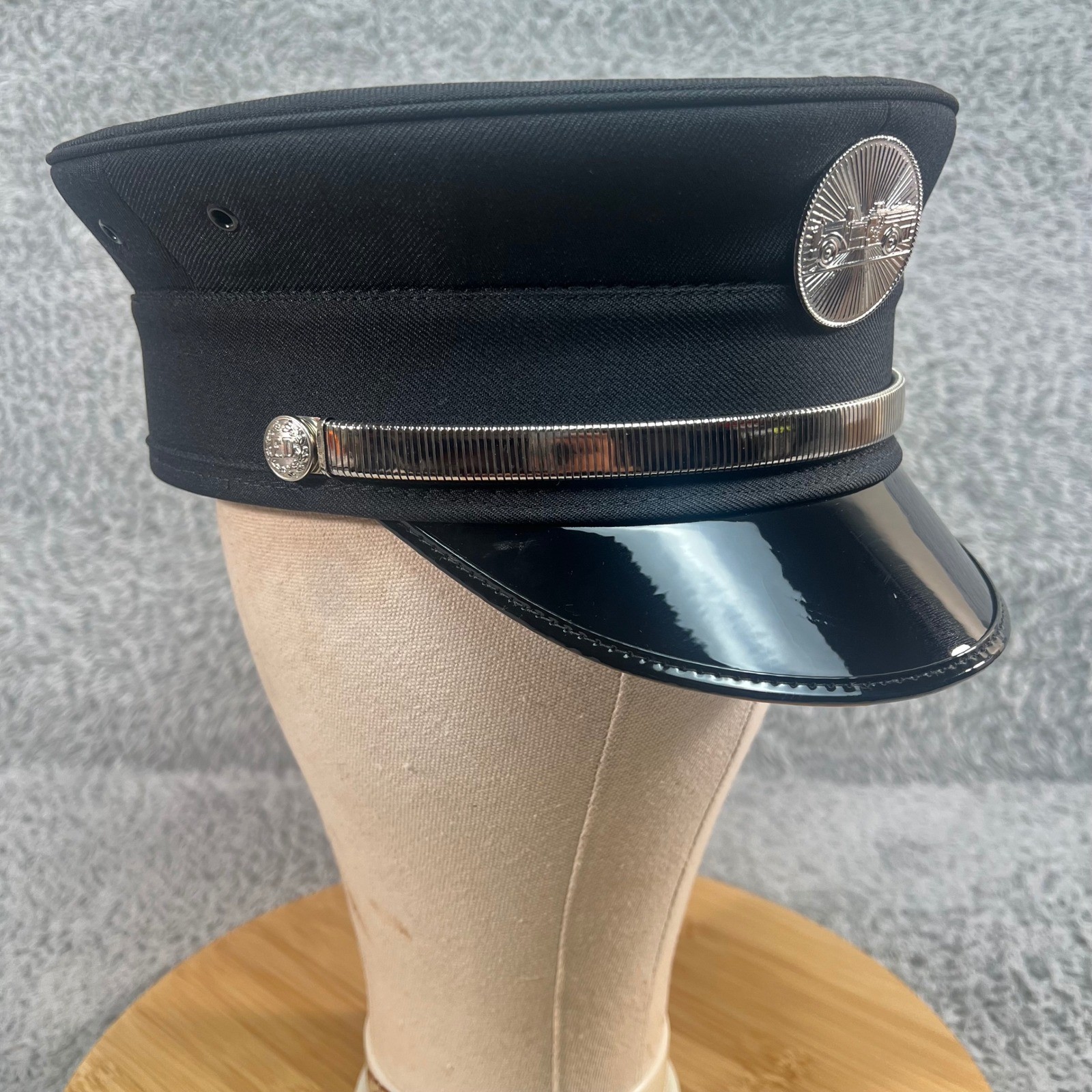 Fire Department Service Cap Union Made USA Black Dress Hat Silver Strap 7 5/8