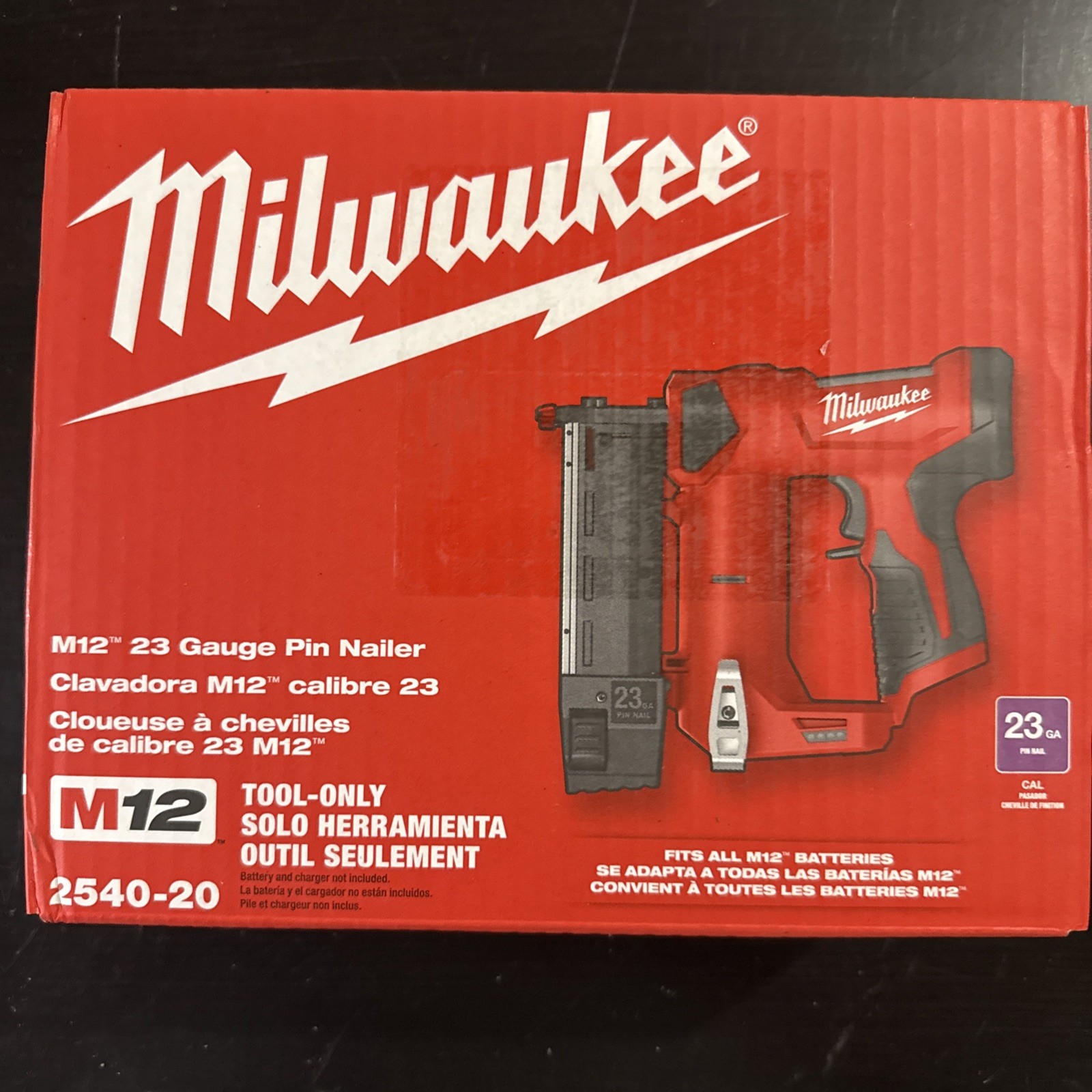 Milwaukee 2540-20 M12 12V 23 Gauge Compact Cordless Pin Nailer - Tool Only New