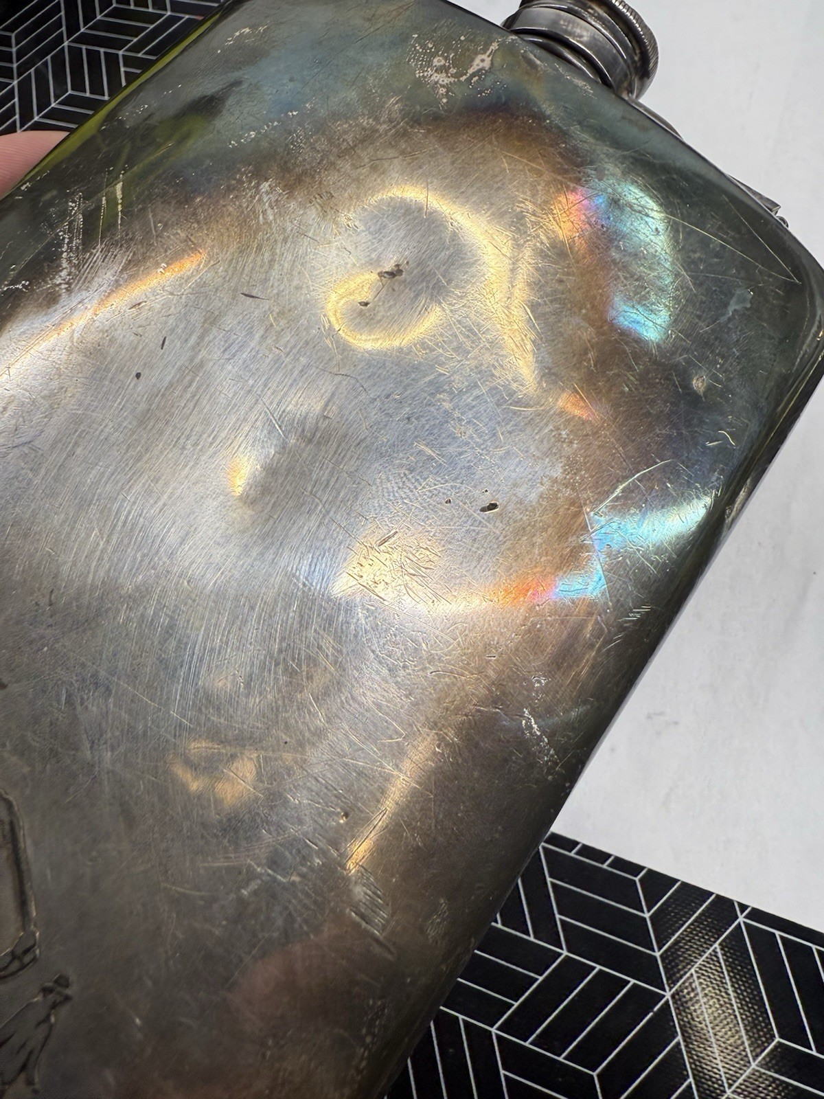 Dented / Damaged MERIDEN B SILVER PLATE Whiskey Flask - Golf Monogram