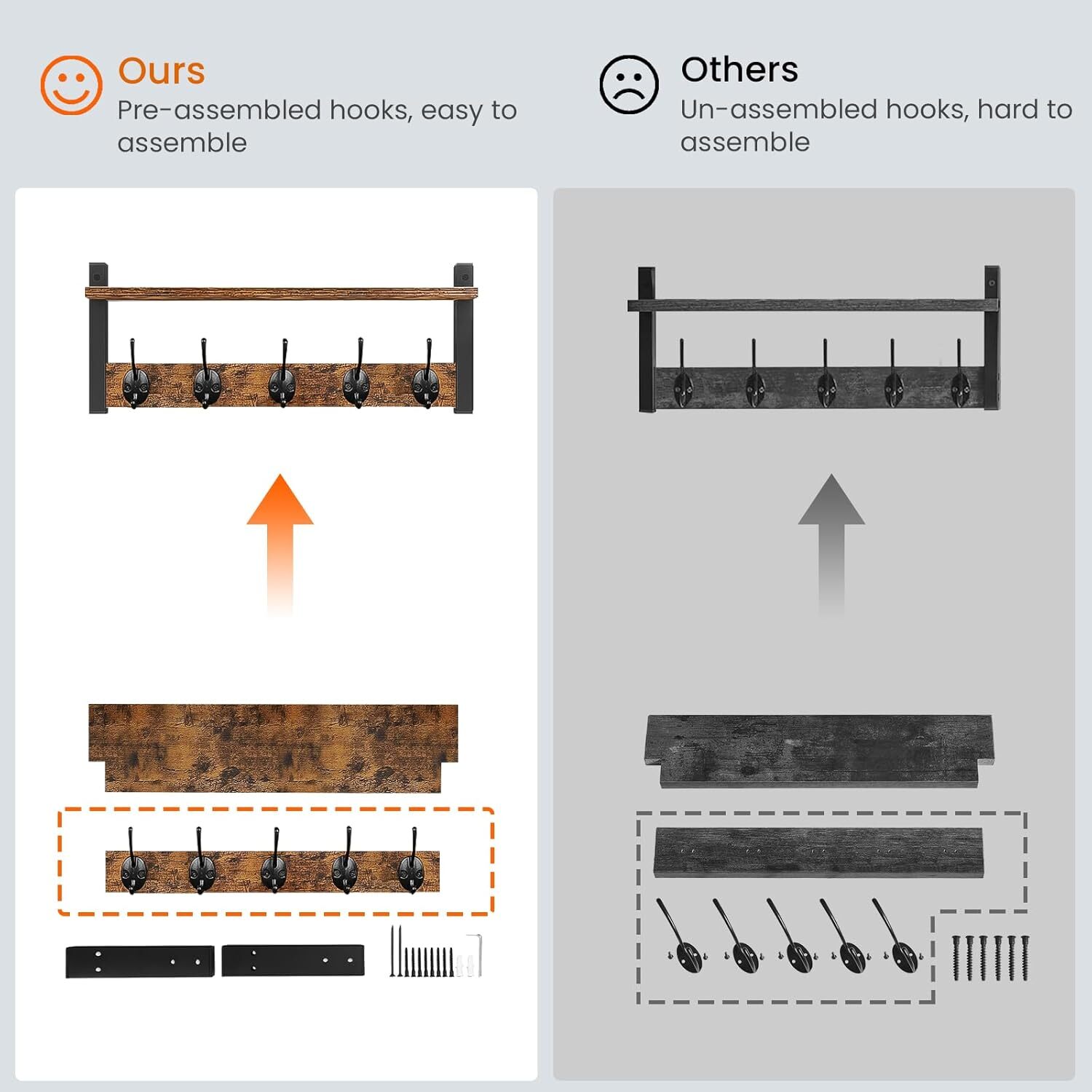 Wooden Wall-Mounted Coat Hanging Rack with Shelf and Hooks, Rustic - Brown Black