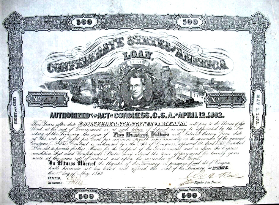 Confederate States of America loan +Coup Richmond 1862 USA civil war shiloh Rose