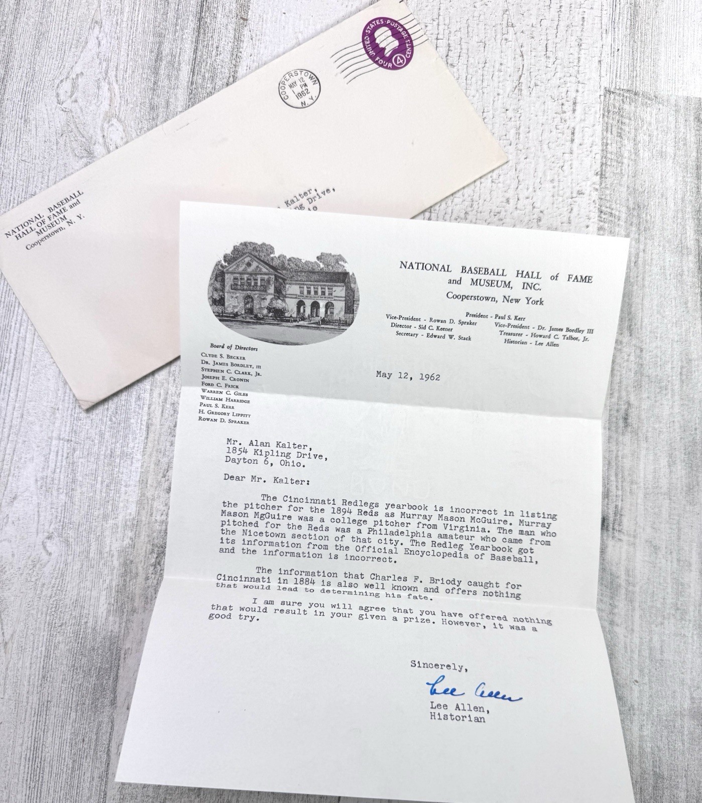 Baseball Hall of Fame Letter 1962 Signed Lee Allen Historian Cooperstown Sports