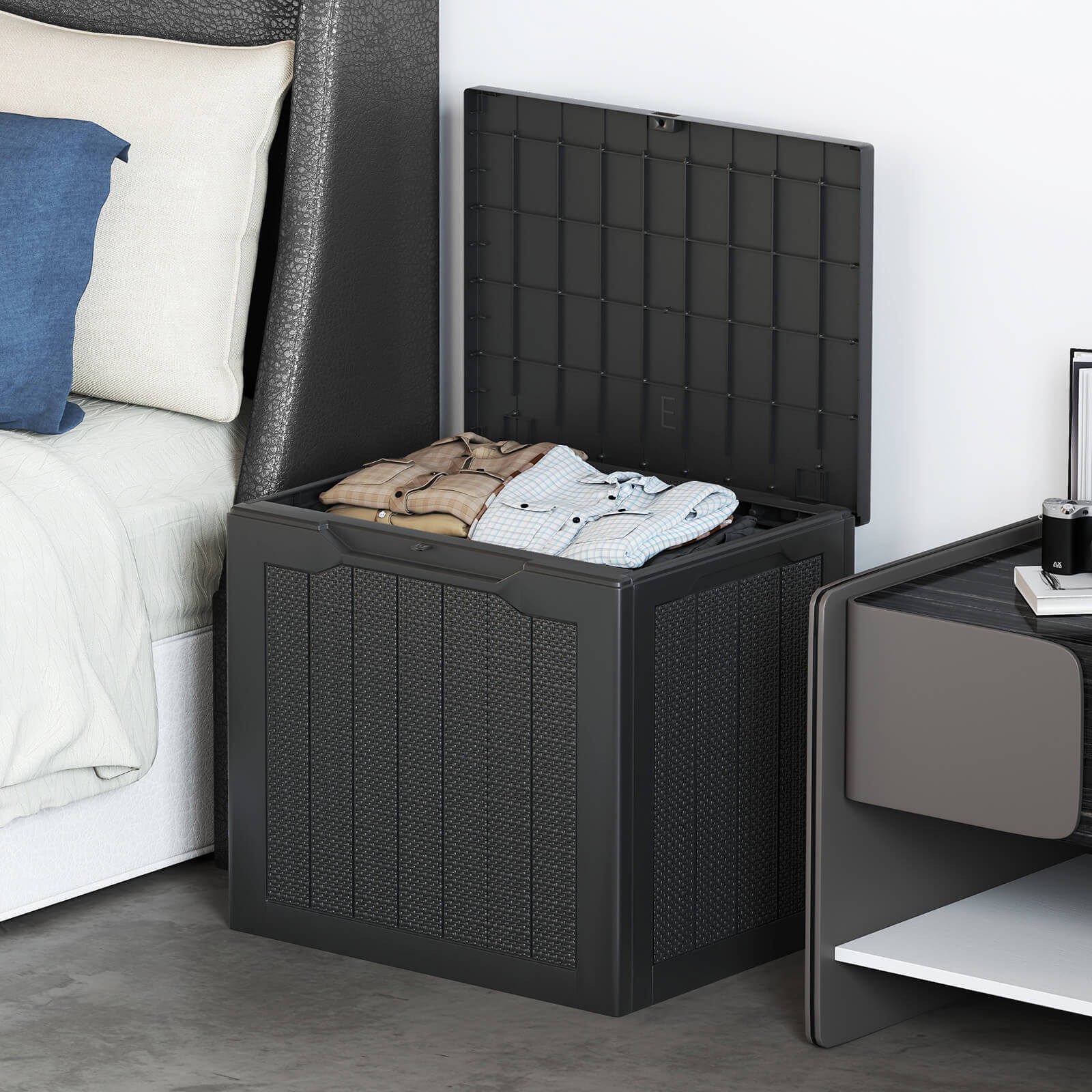 Outdoor Storage Box w/Lockable Lid & Wicker-woven Texture for Pool Accessories