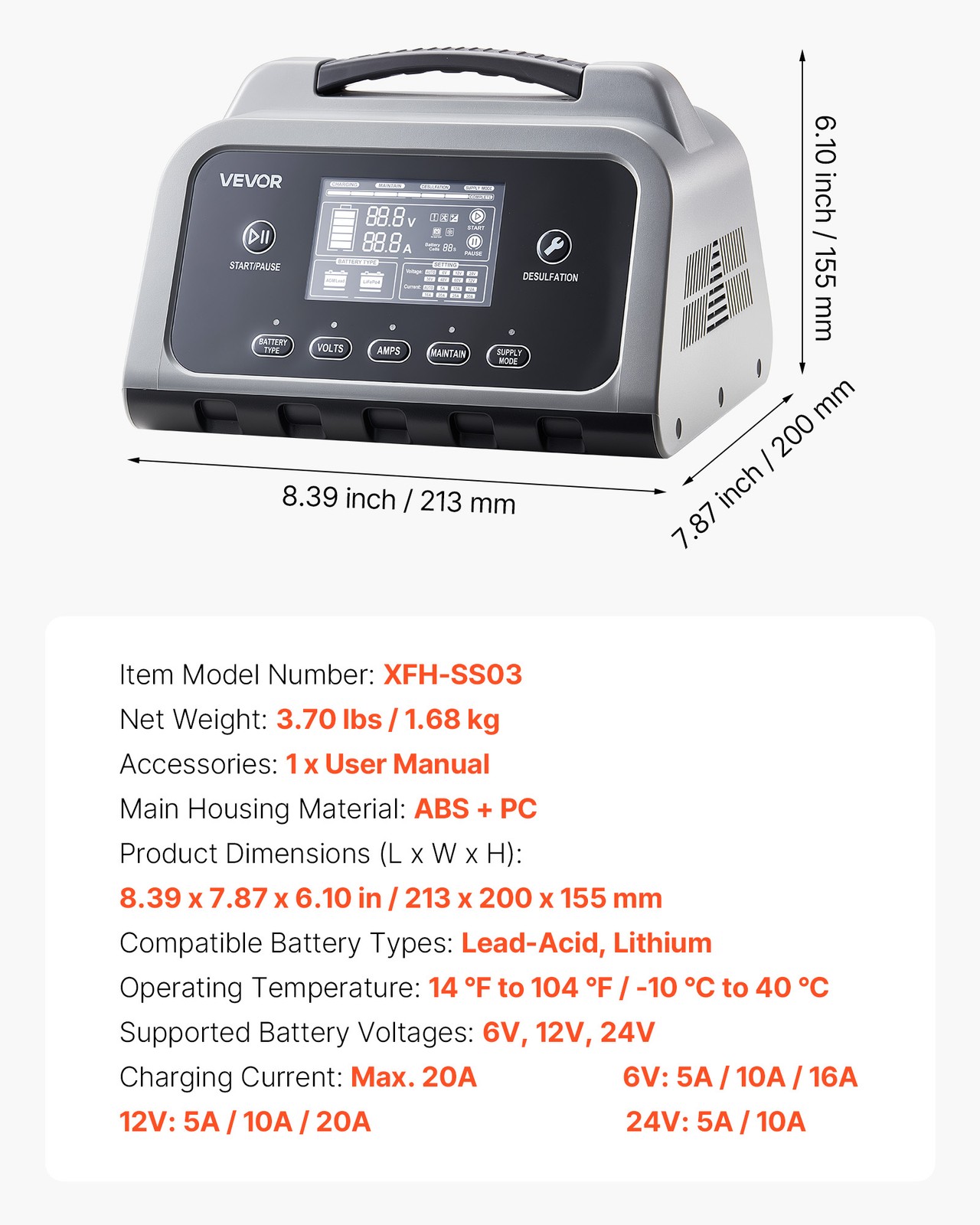 VOVOR Smart Battery Charger 20A for 6V 12V 24V Lithium LiFePO4 Lead-Acid Battery