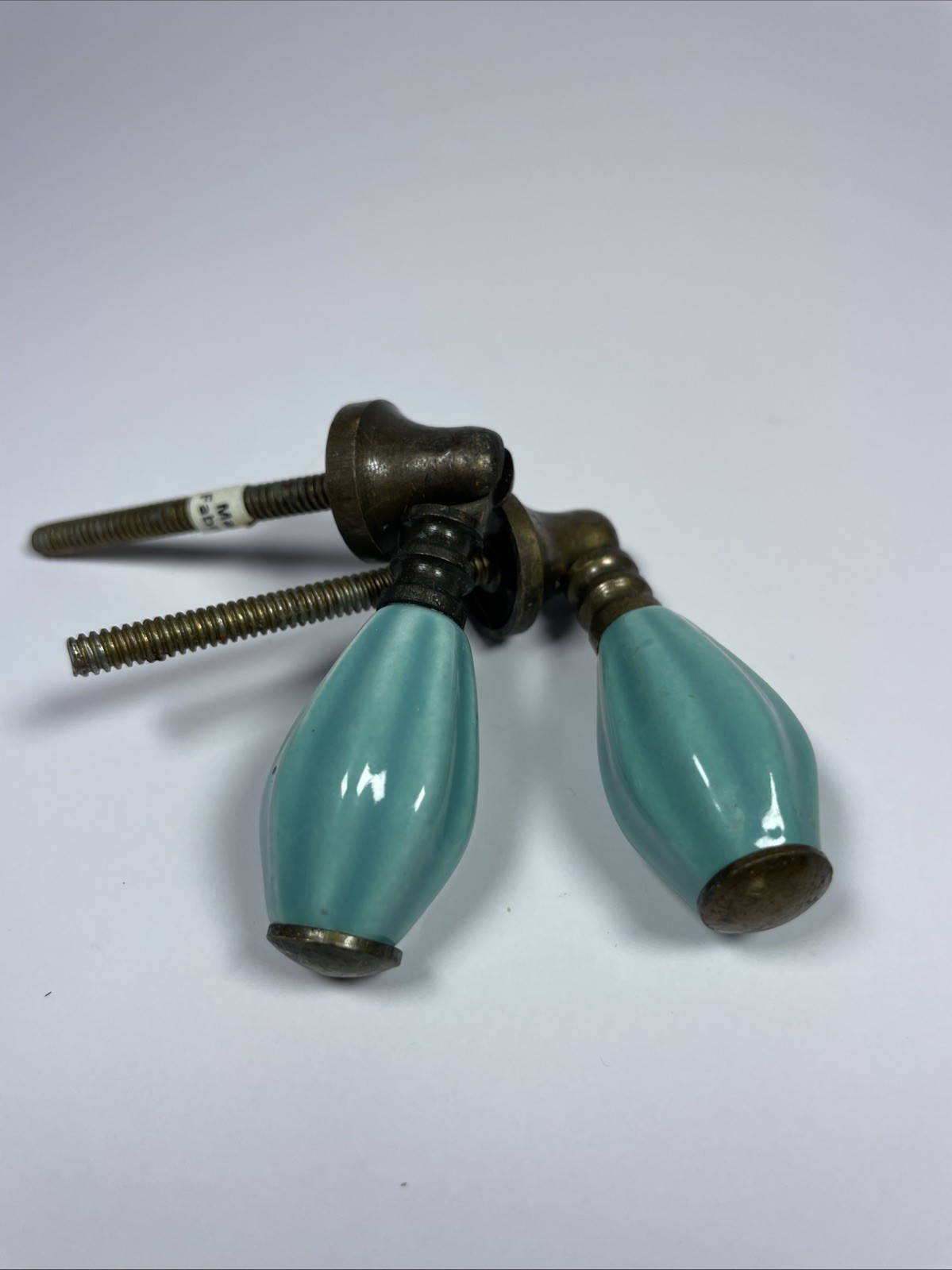 Vintage Pair Teal Turquoise Ribbed Ceramic Brass Drop Pulls Made In India