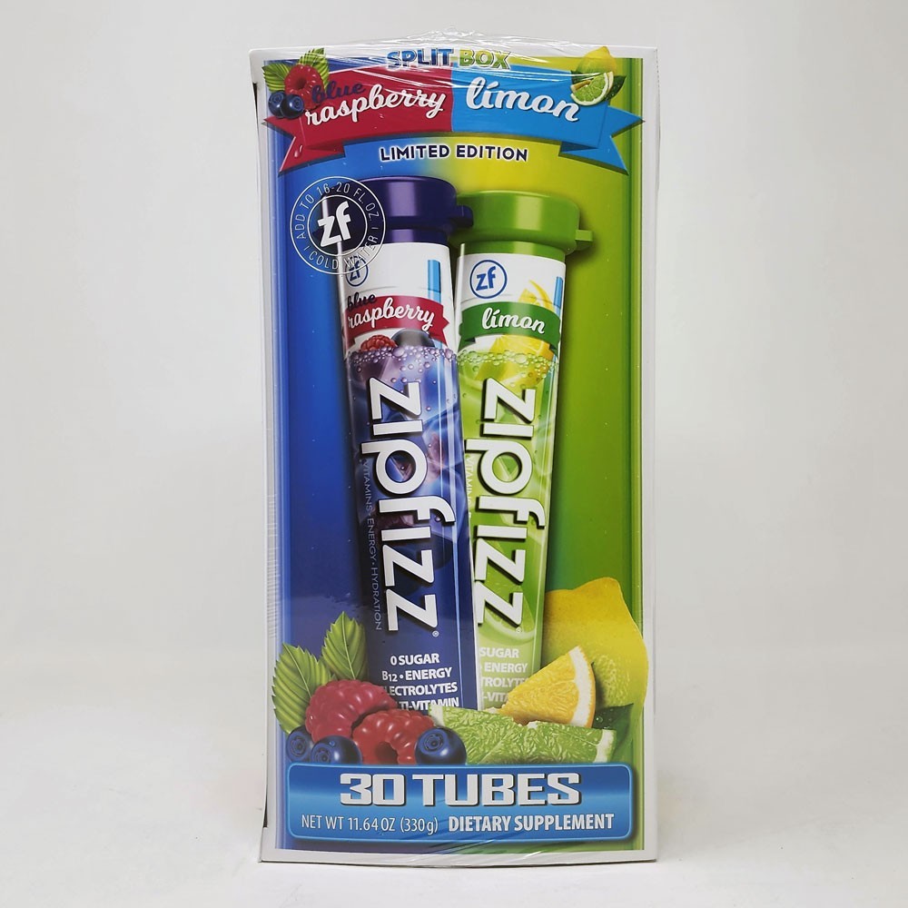 ZipFizz Energy Drink Mix 30 Tubes Split Box Límon & Blue Raspberry Exp: 11/26