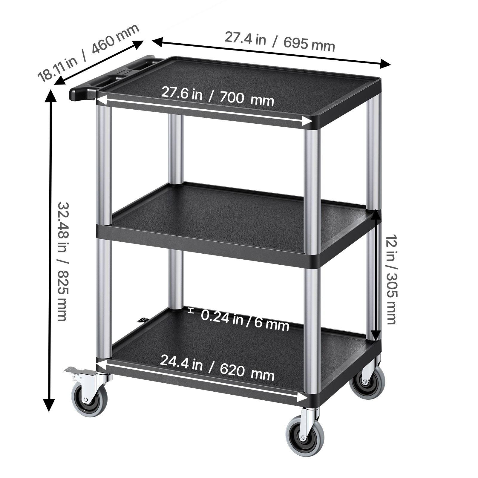 3-shelf Utility Cart 300 lbs 27.6 x 18.1-inch Service Cart with Wheels