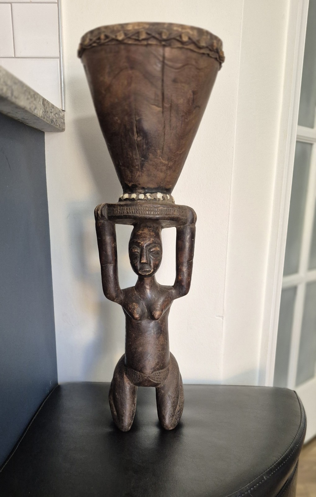 African Luba Female Wood Statue With Drum 21"H 7.5"W