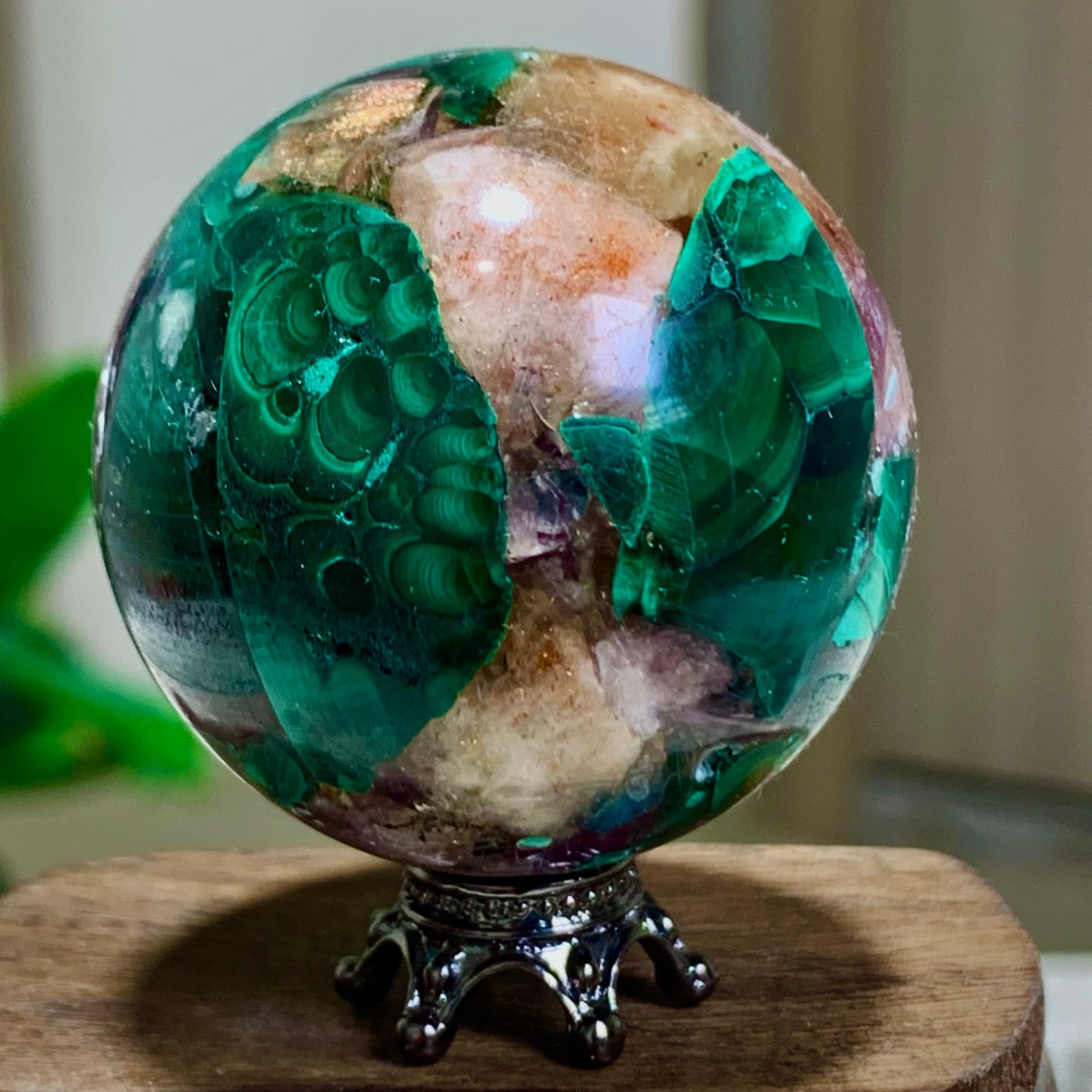 84G Newly discovered rare malachite purple mica symbiotic sphere restoration