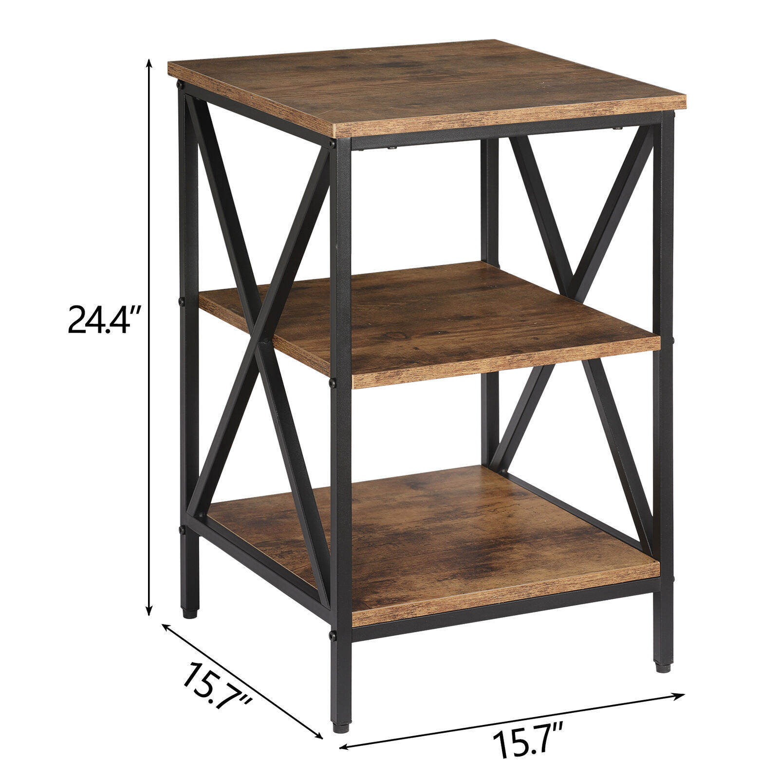 24.4" Side Table Industrial X Shape 3-Tier Small End Table Storage Sheves Brown