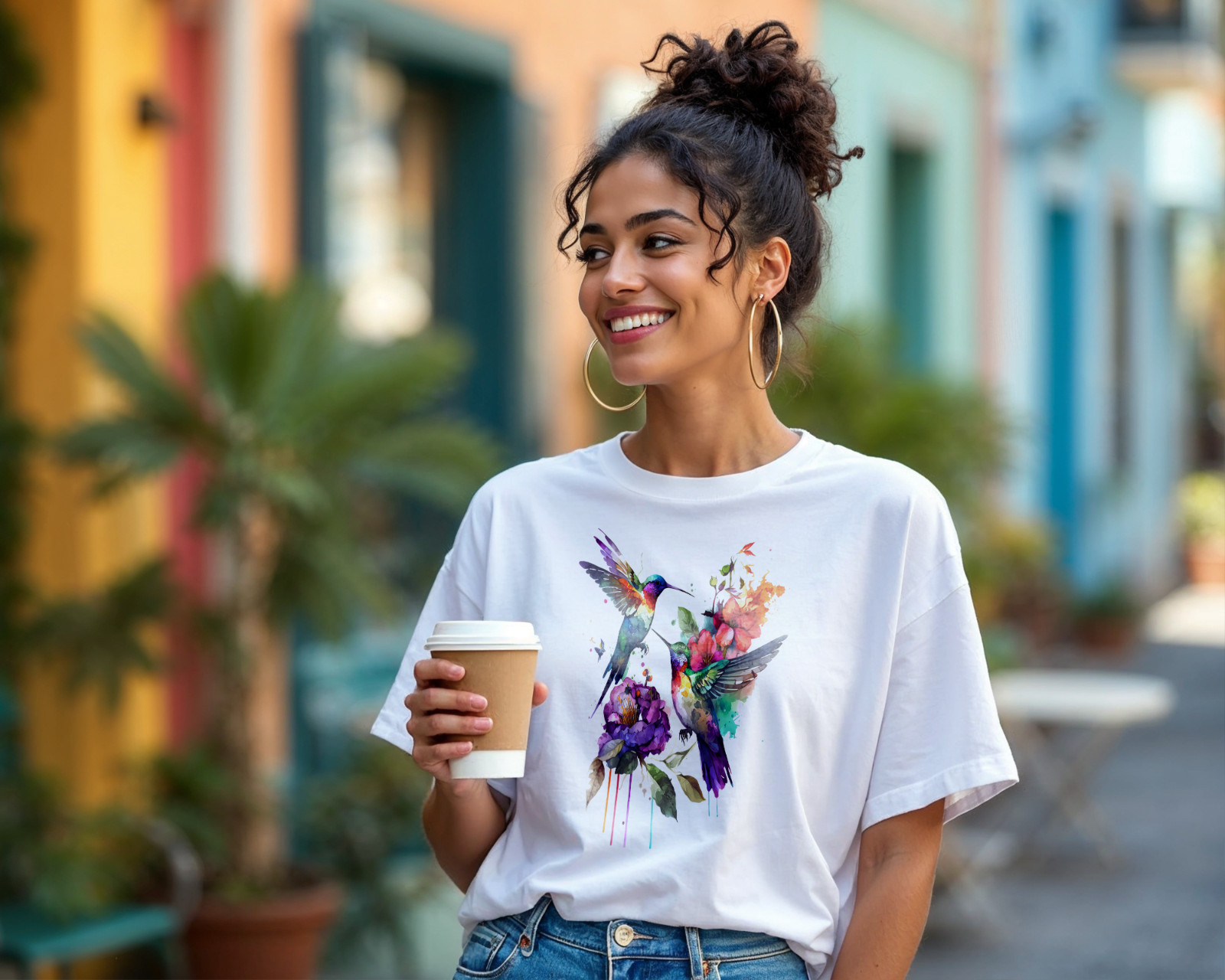 Watercolor Hummingbird Shirt – Colorful Floral Bird Art Tee A448