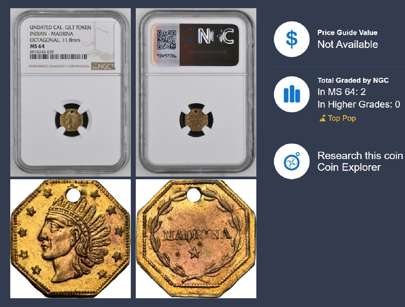TOP POP! ND CALIFORNIA FRACTIONAL - MADRINA OCT / MS64 NGC / FINEST KNOWN!
