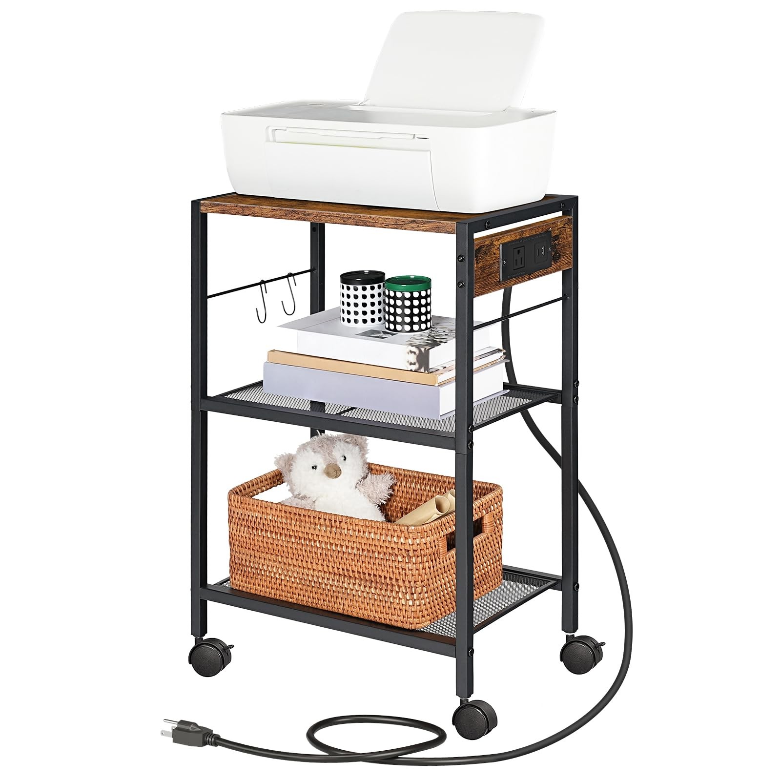 Industrial Printer Stand, 3-Tier Mobile Printer Table, Rolling Cart with Powe...