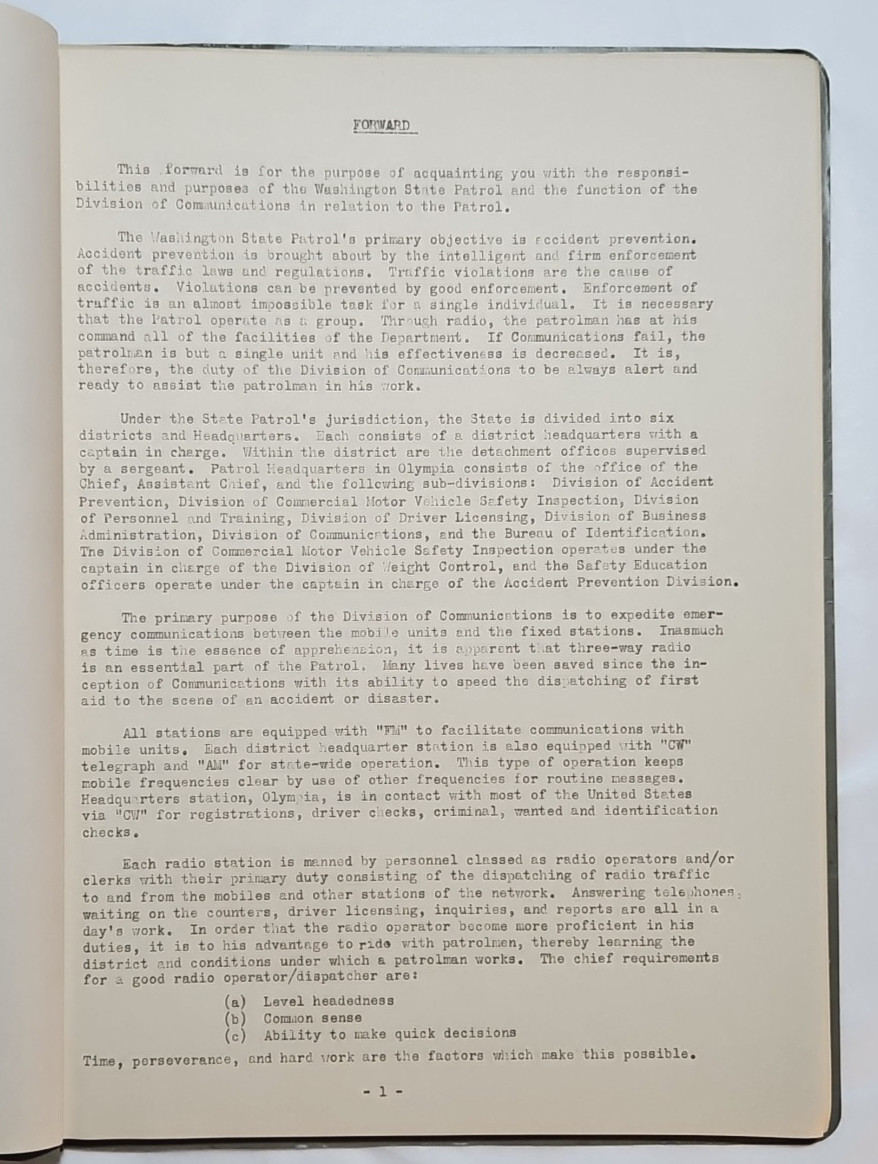 Washington State Patrol, Official 1947~48 Edition Radio Operator's Manual 46pg.