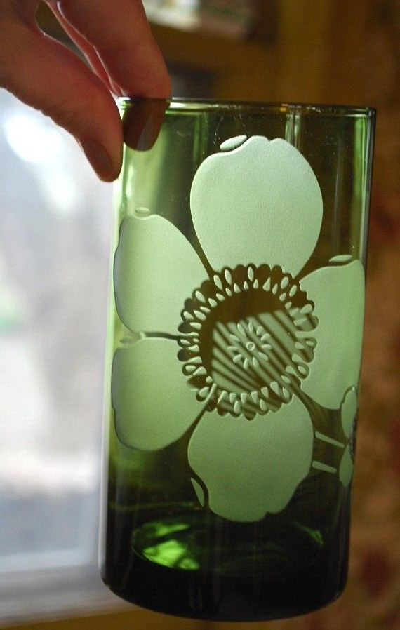 Vtg Set 8 PIER 1 Tumbler Glasses ETCHED FLOWER Hand Blown 6" Multicolor 20 Ounce