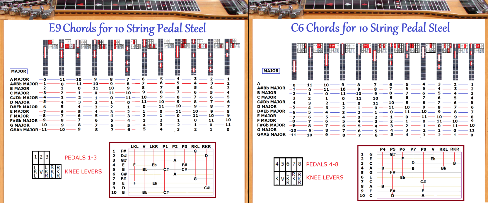 E9 & C6 CHORD CHARTS FOR DOUBLE 10 STRING PEDAL STEEL GUITAR - 2 LAMINATIONS