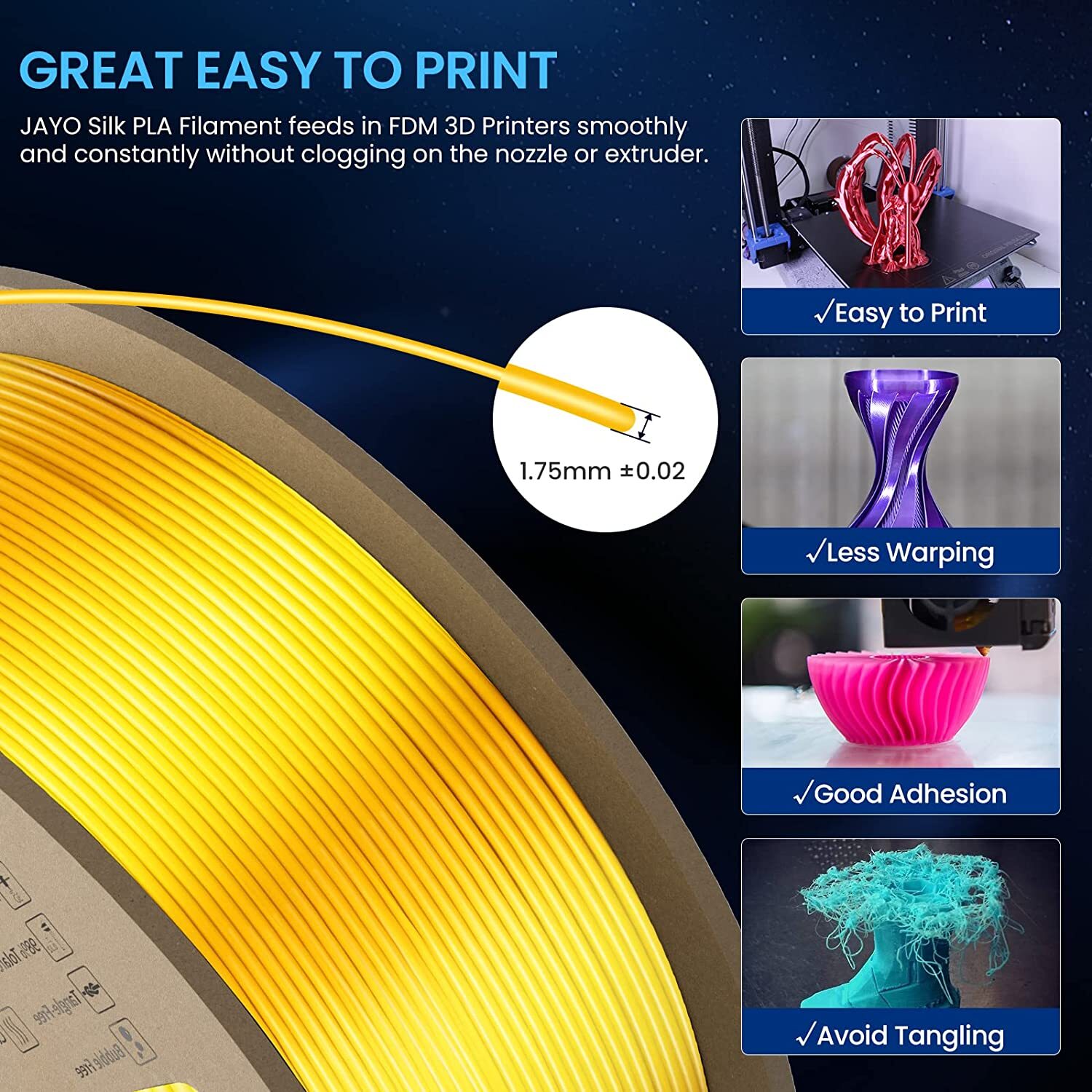 JAYO 1KG PLA 1.75mm Filament PLA Matte SILK PETG ABS PLA+ 3D Printer Consumables