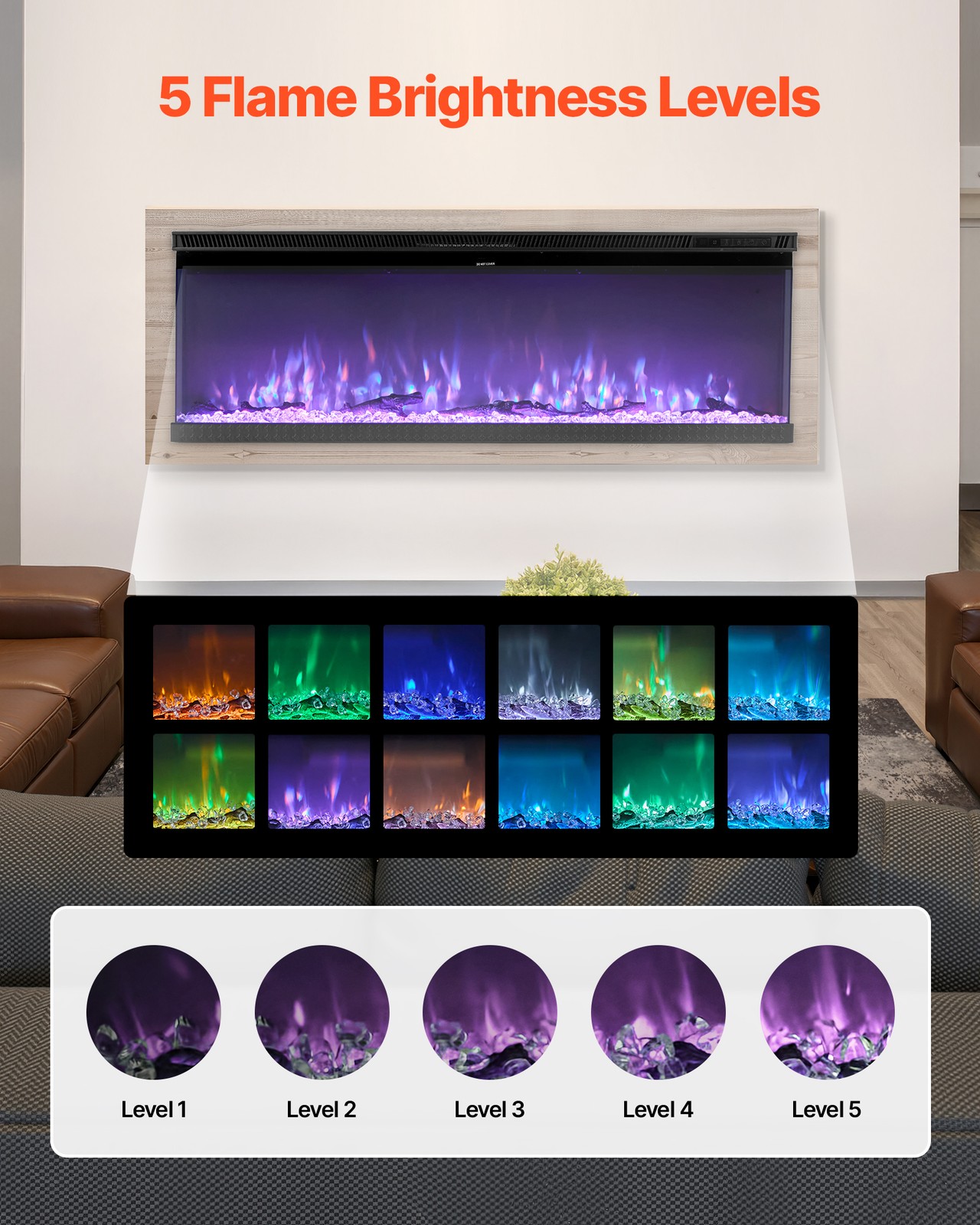 VEVOR 50 inch Electric Fireplace Three Sided Glass Wall Mounted Recessed 1500W