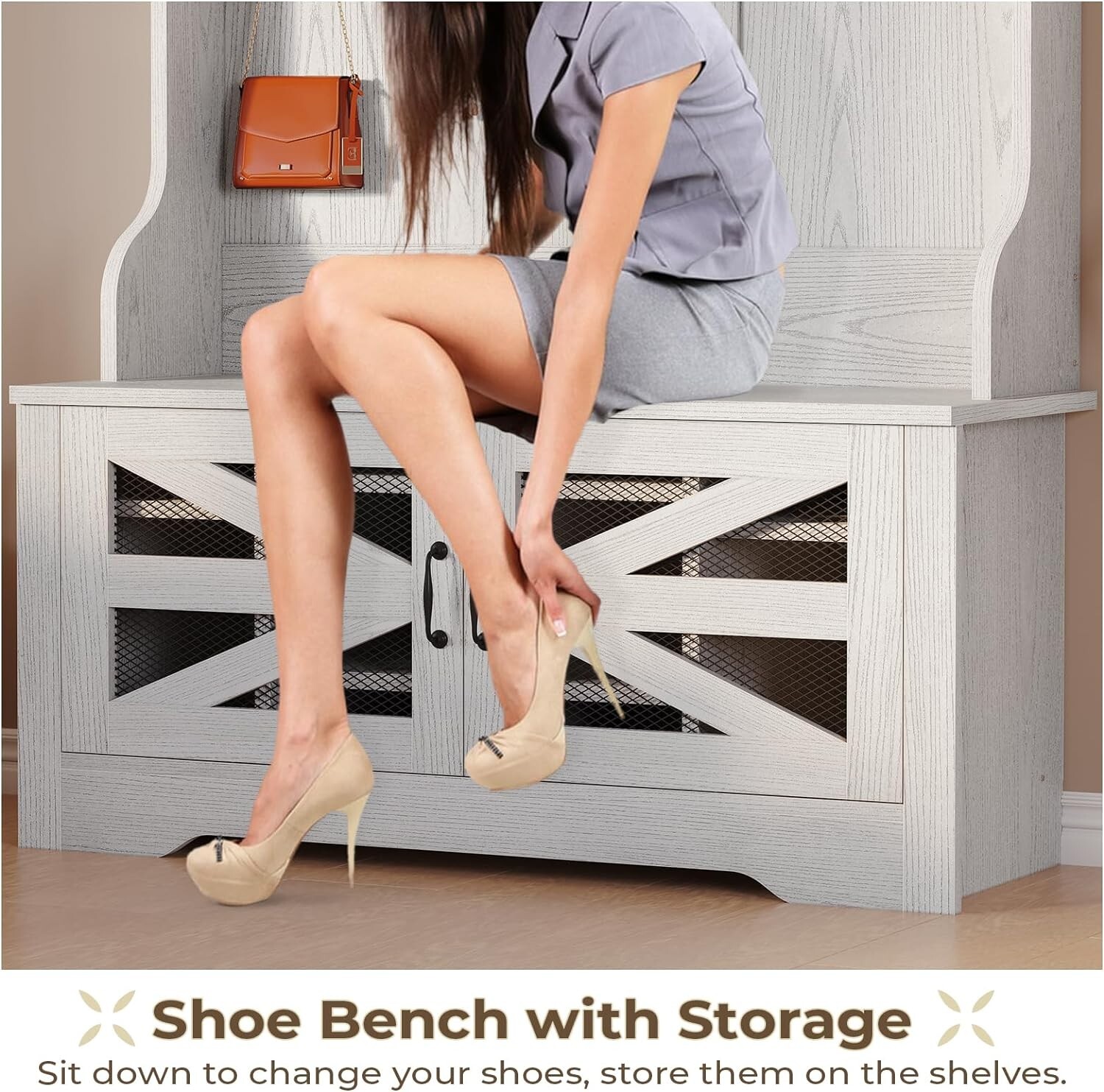 Hall Tree with Bench and Shoe Storage, 5-in-1 Entryway Bench with Coat Rack