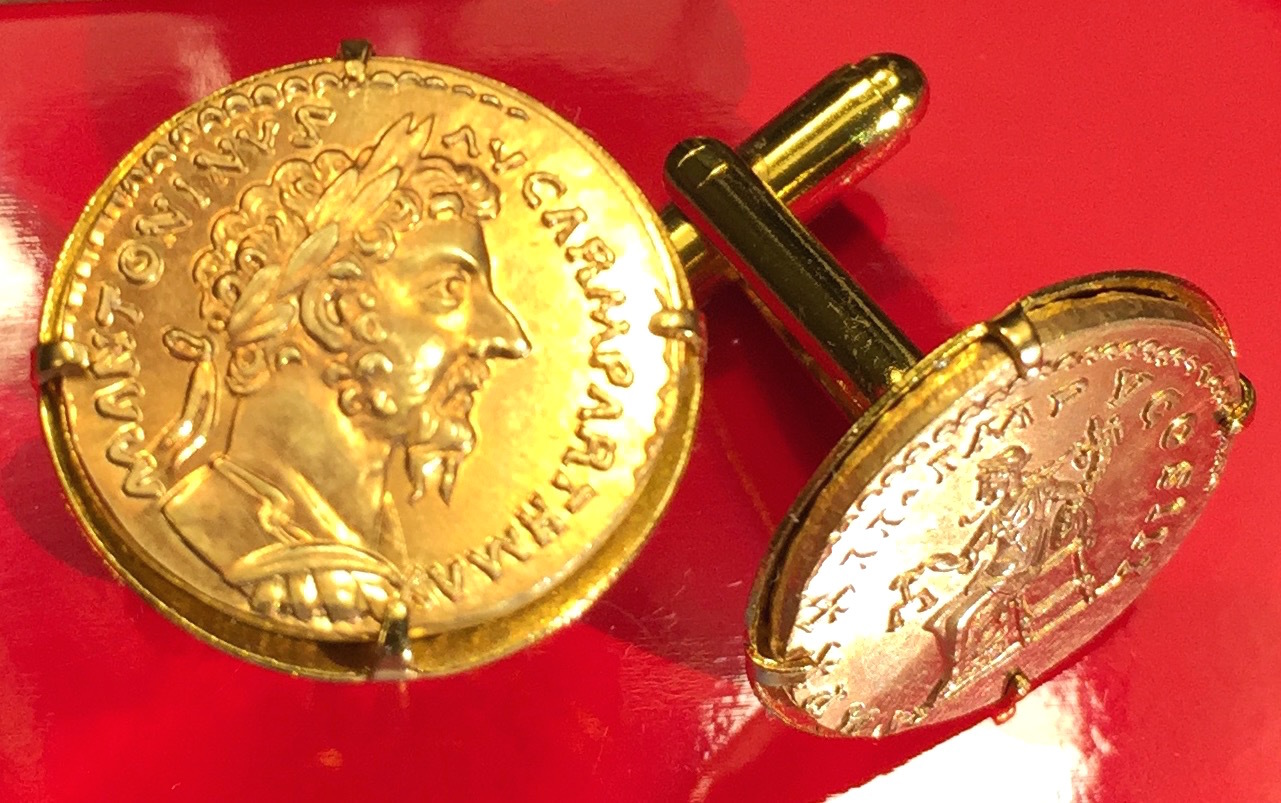 Ancient Roman Marcus Aurelius Aureus 168 AD Rome Gold Plated Coin Cufflinks +Box