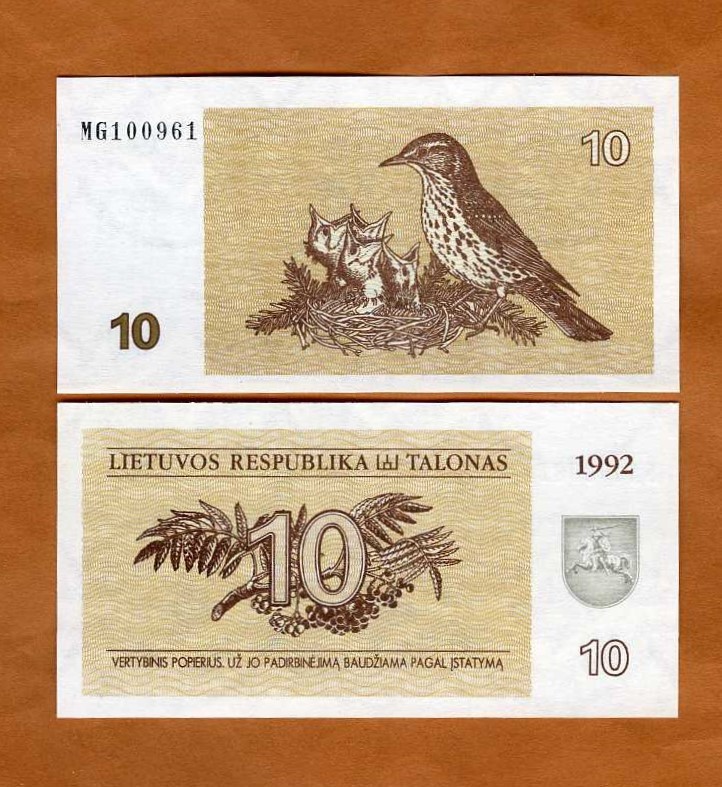 Lithuania, 10 Talonas 1992, P-40, EX-USSR, UNC Thrush