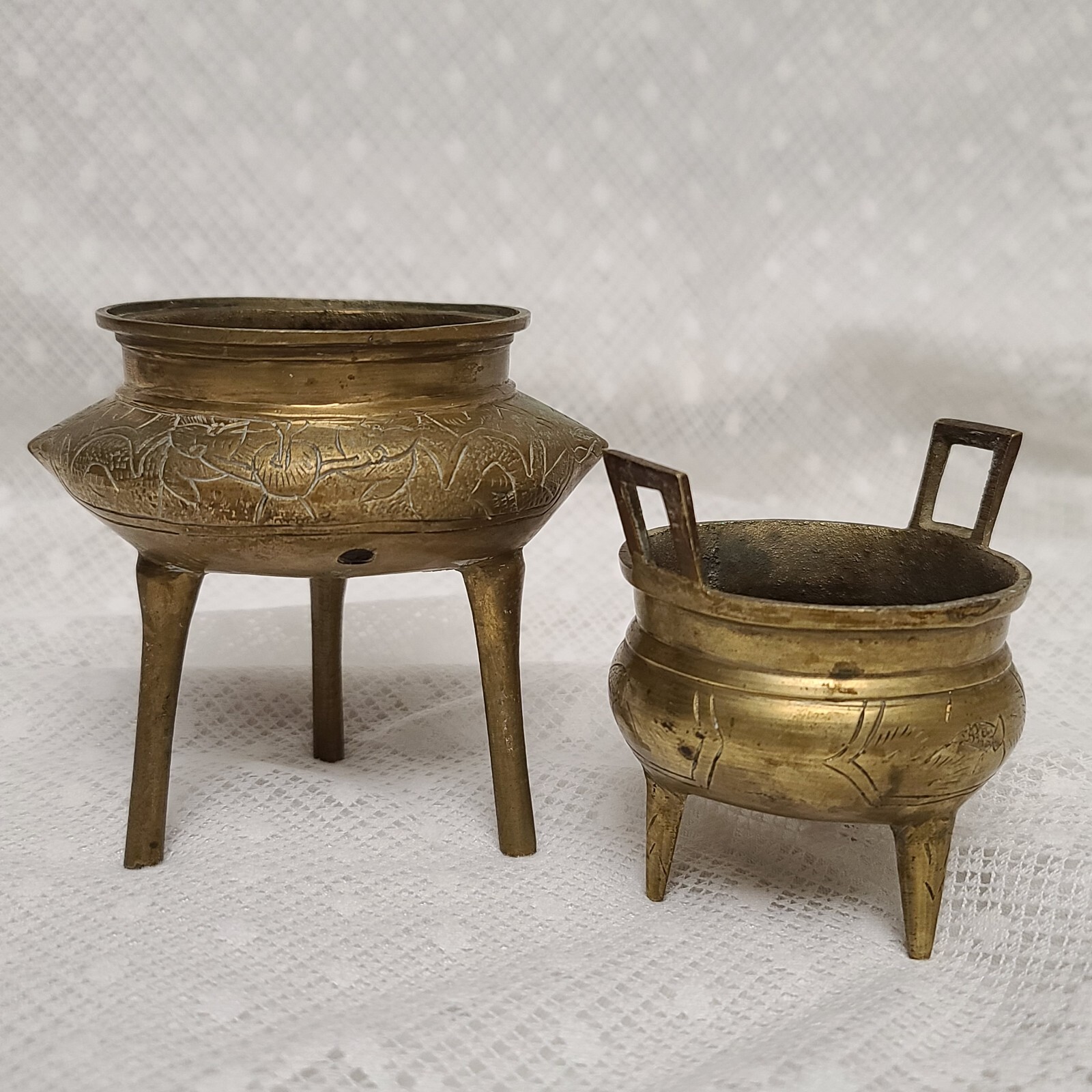 Vintage Antique Chinese Bronze Brass Stamped Incense Burner Bowl Dish Set/Pair 2