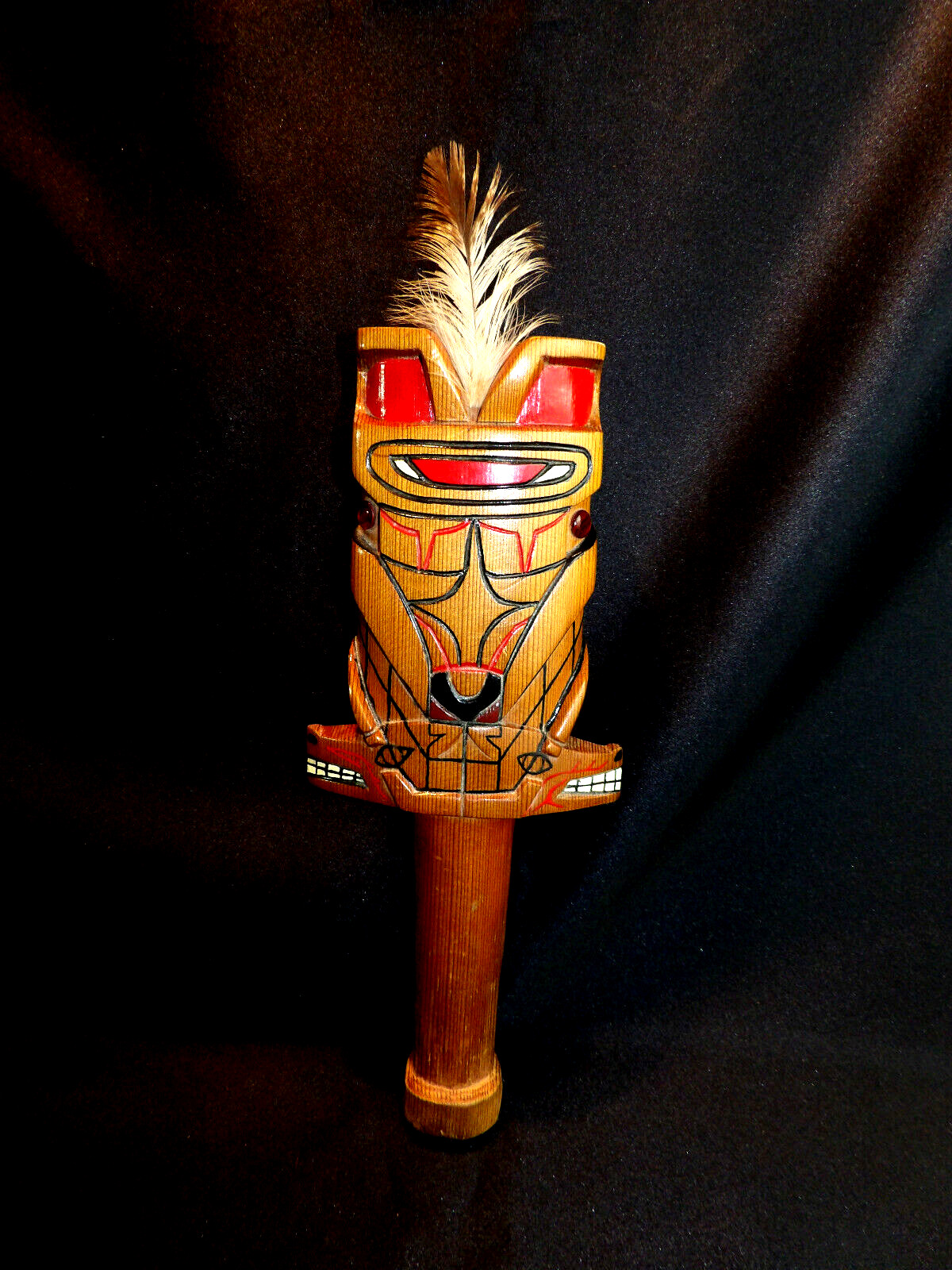 NW Coast Native American Hand Carved Cedar Rattle Wolf Shaman