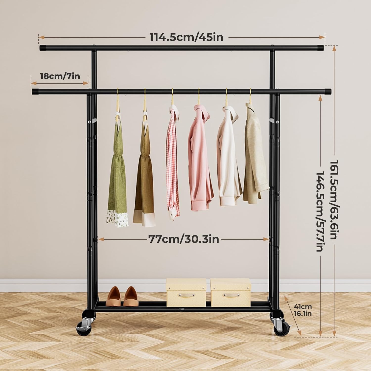 Abiglifty Double-Rods Clothes Rack for Hanging Clothes Clothing Rack with Wheels