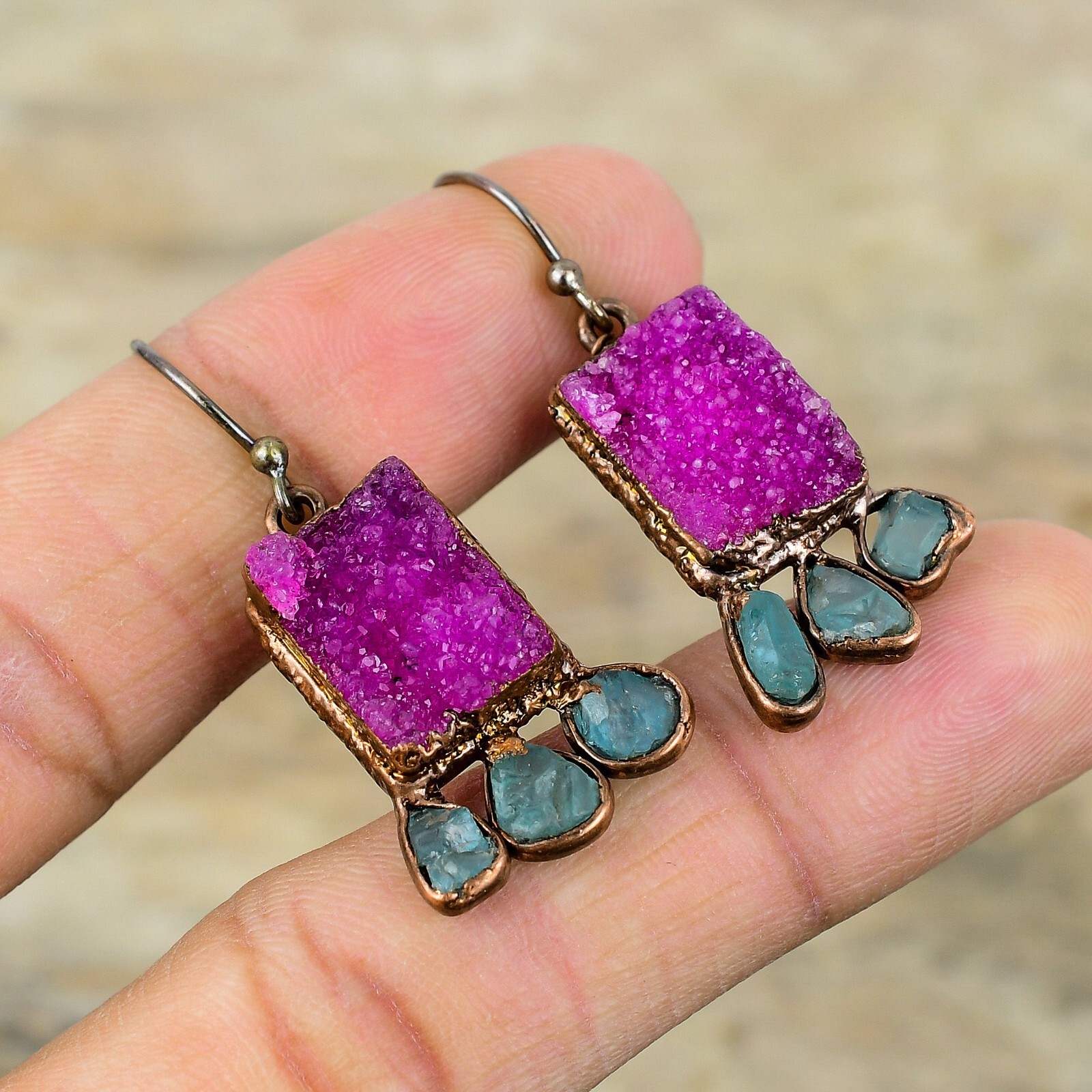 Pink Druzy Jewelry Copper Mom Gift Electroformed Drop/Dangle Earrings 1.77"