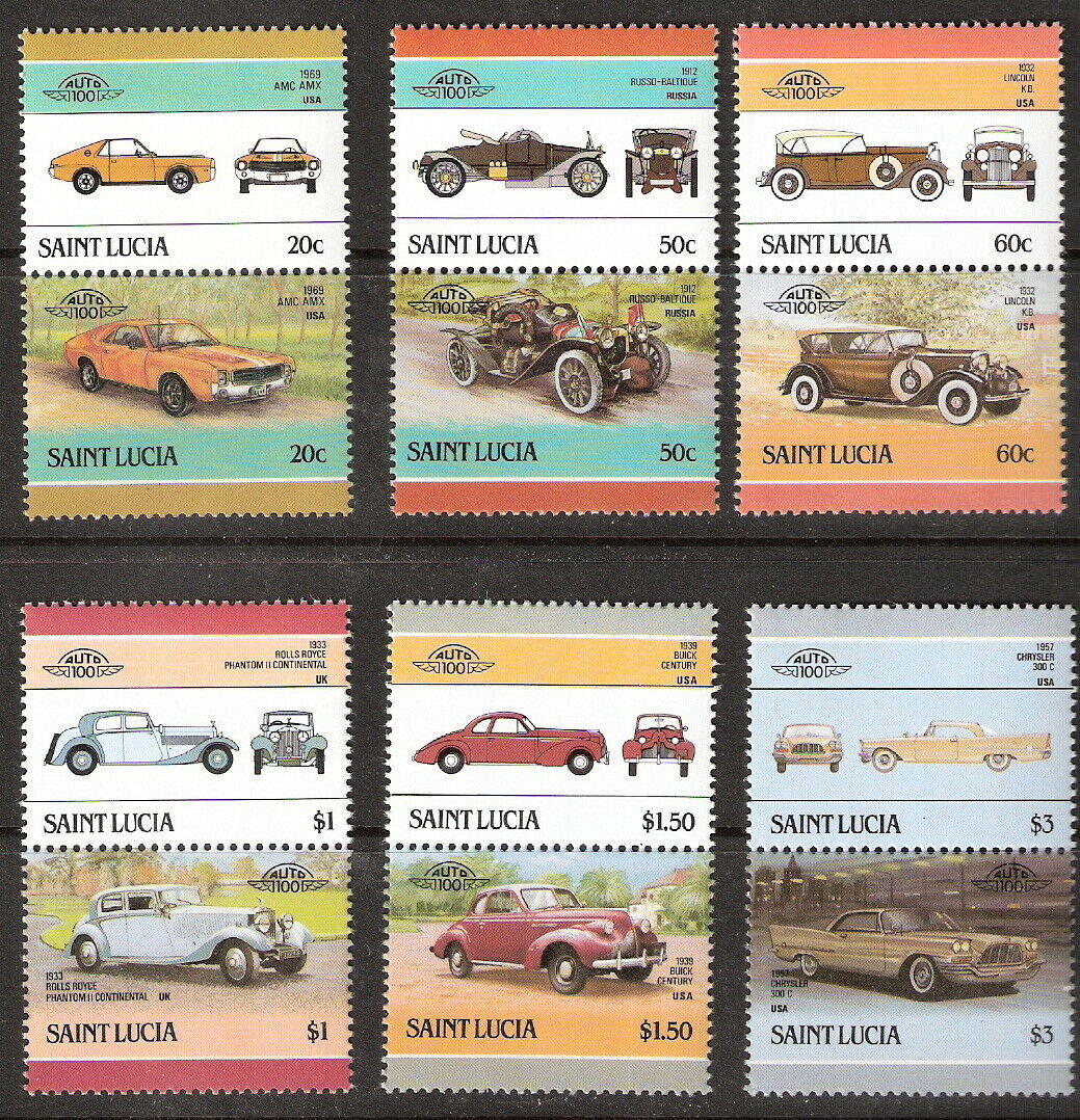 St Lucia Cars - Automobiles Set of 6 PAIRS #350 - 355 Mint NH Complete