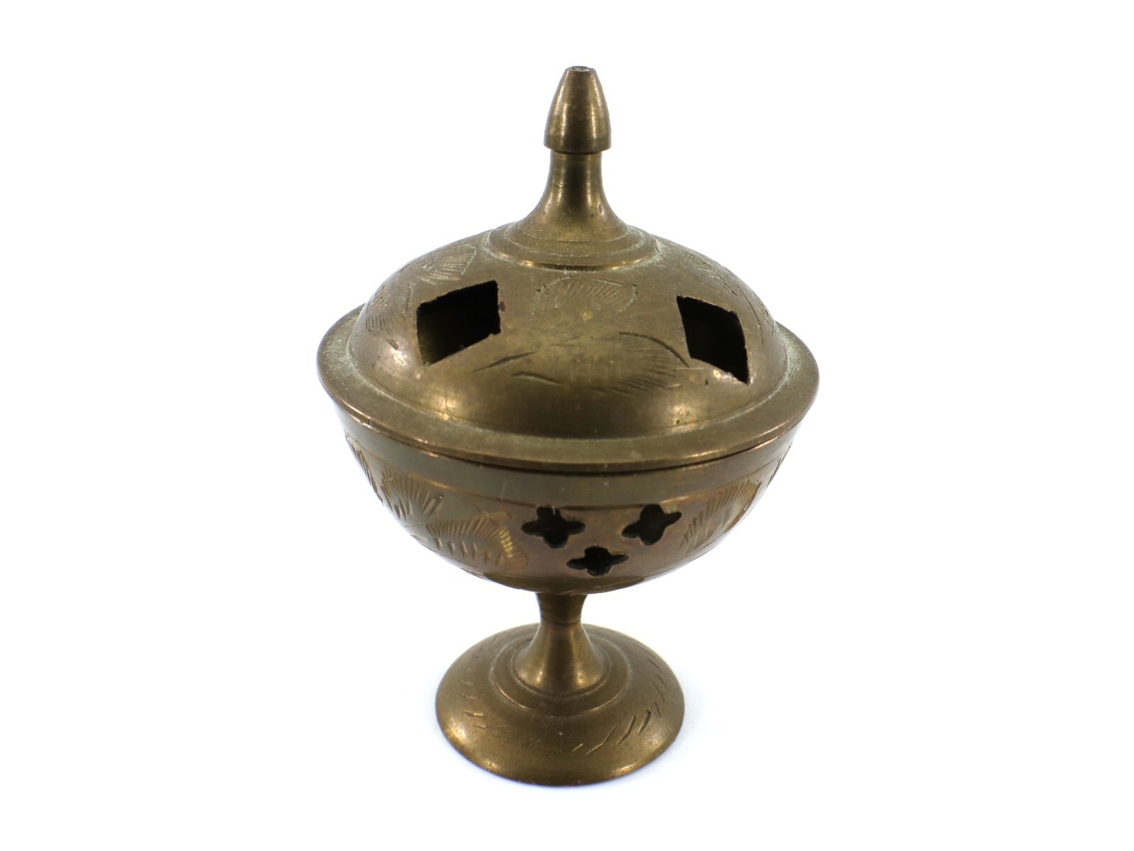 Brass INCENSE BURNER 2-Piece Lid 3 ½” Tall Etched Leaf India