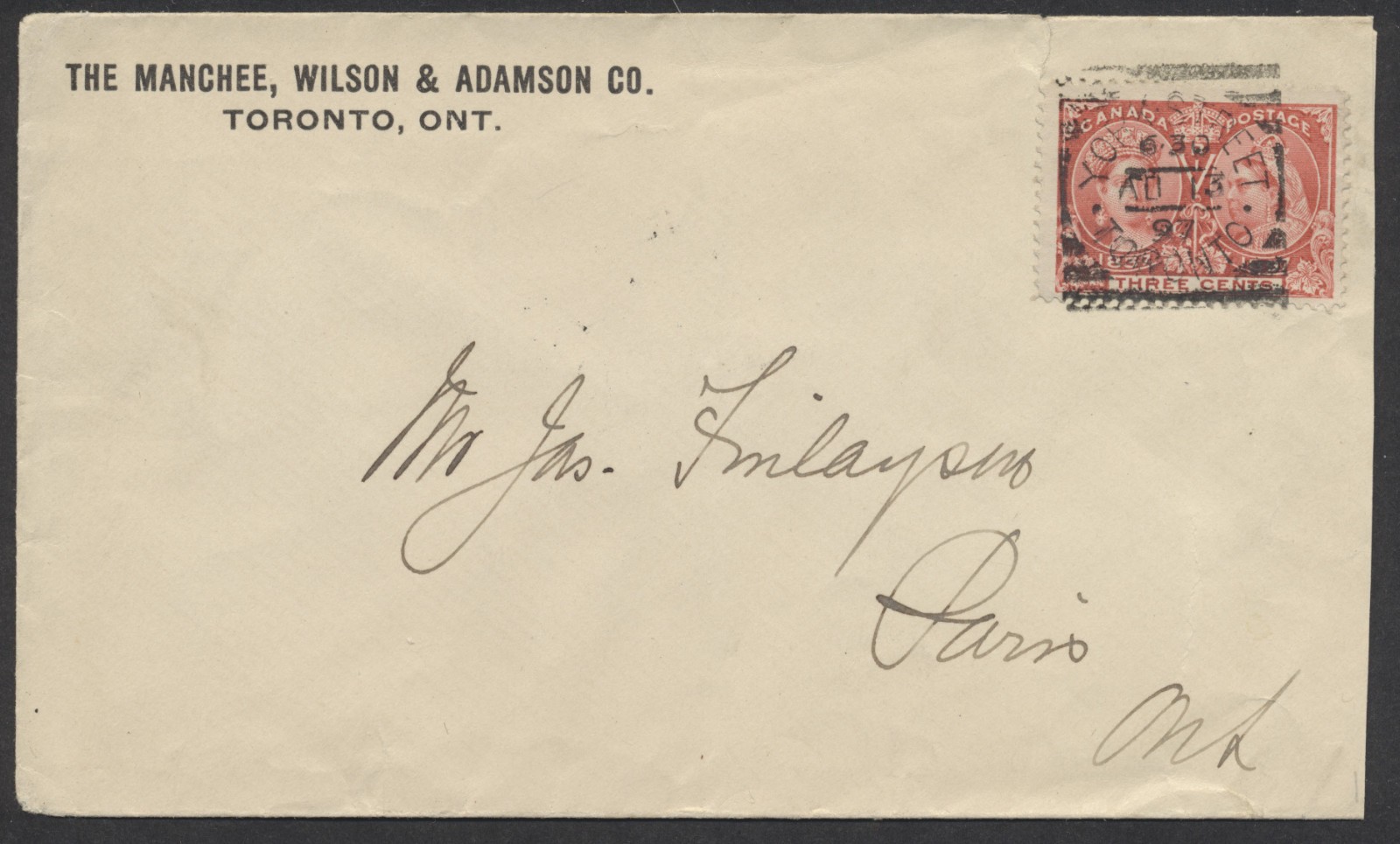 1897 Manchee Wilson & Adamson Co Toronto Cover York Street Squared Circle #53 3c