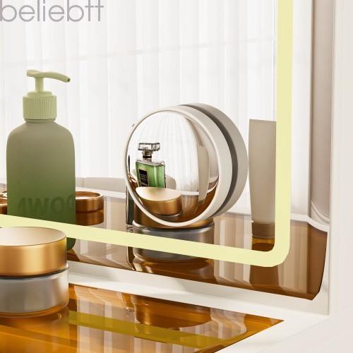 46"Glass Top Vanity Desk 10 Drawers Makeup Vanity Power Outlet, Silent Slides