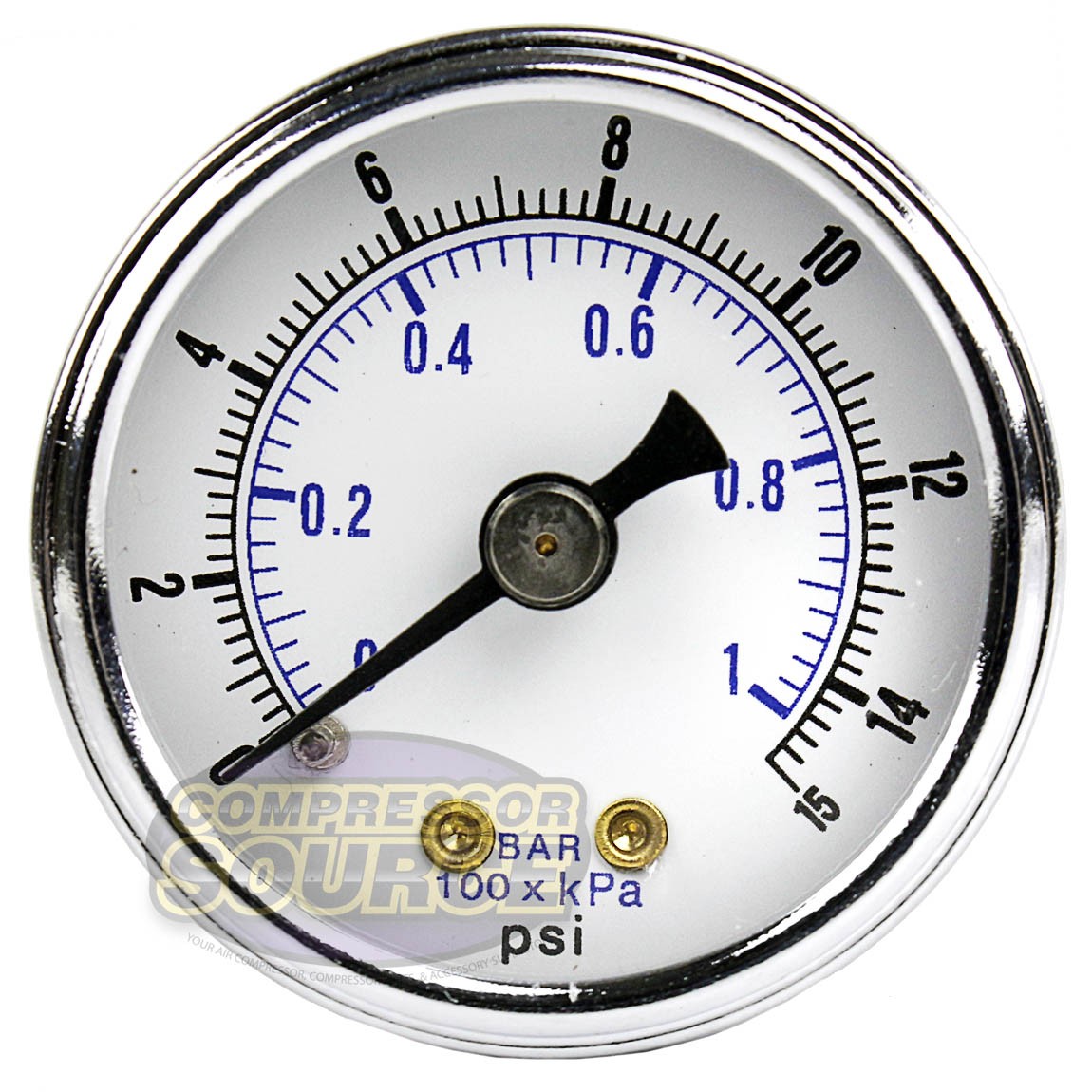 1/8" NPT Air Pressure Gauge 0-15 PSI Back Mount 1.5" Face Diameter